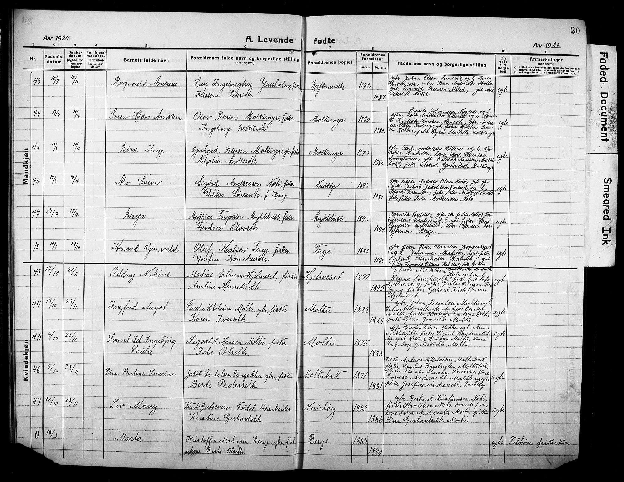 Ministerialprotokoller, klokkerbøker og fødselsregistre - Møre og Romsdal, AV/SAT-A-1454/507/L0084: Parish register (copy) no. 507C07, 1919-1932, p. 20