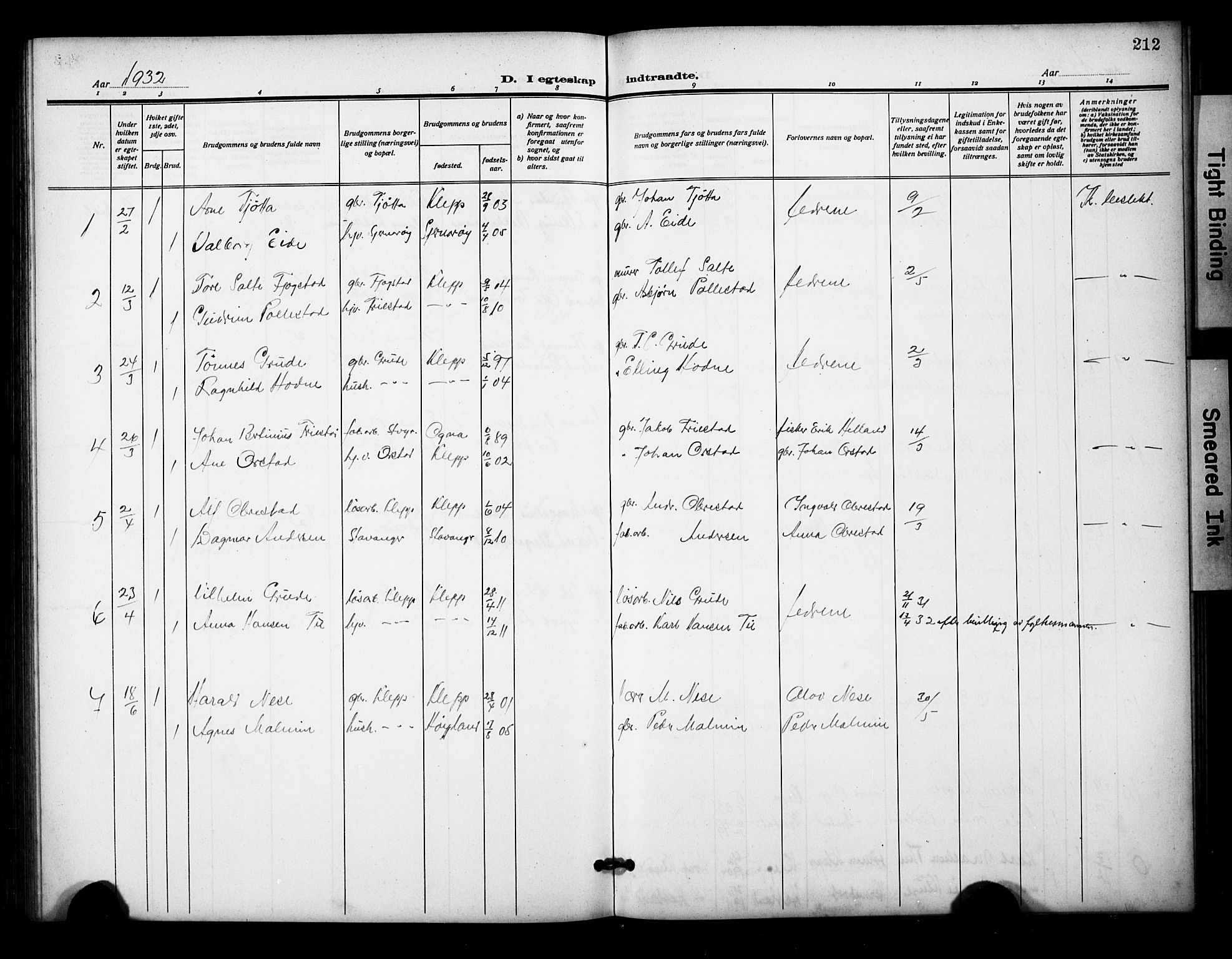 Klepp sokneprestkontor, SAST/A-101803/001/3/30BB/L0007: Parish register (copy) no. B 7, 1908-1934, p. 212