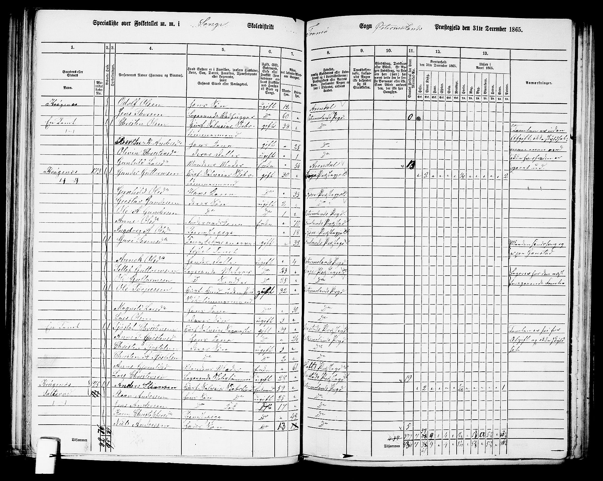 RA, 1865 census for Austre Moland, 1865, p. 167