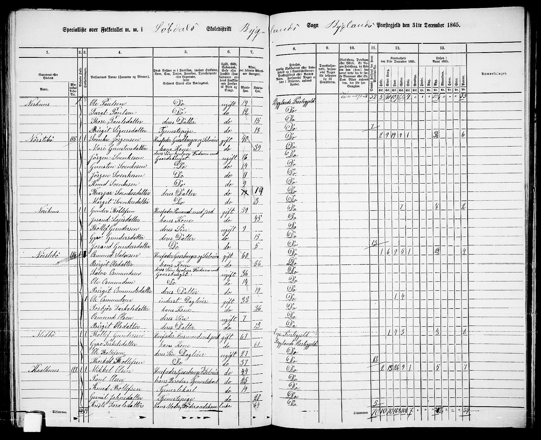 RA, 1865 census for Bygland, 1865, p. 70