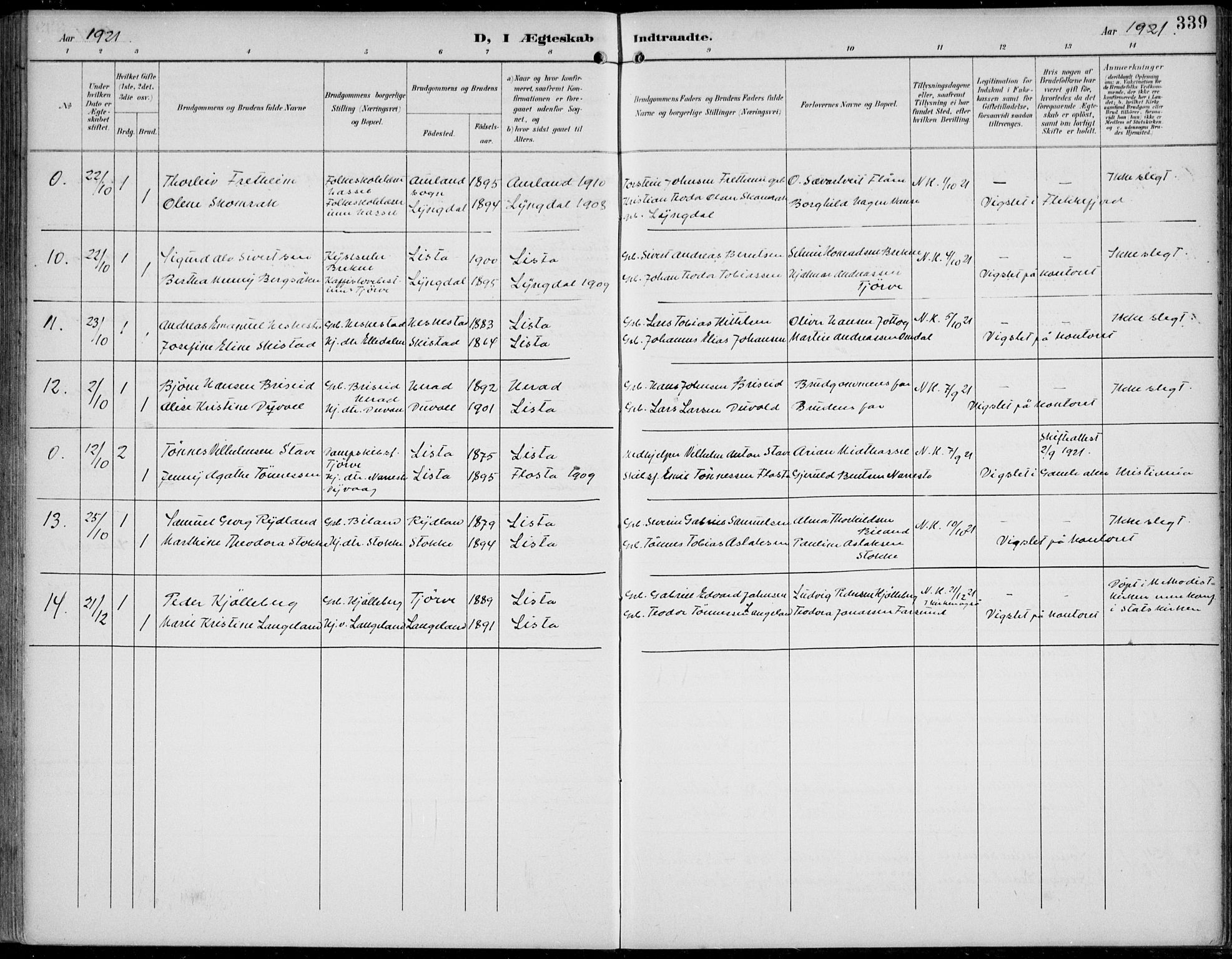 Lista sokneprestkontor, AV/SAK-1111-0027/F/Fb/L0005: Parish register (copy) no. B 5, 1892-1923, p. 339