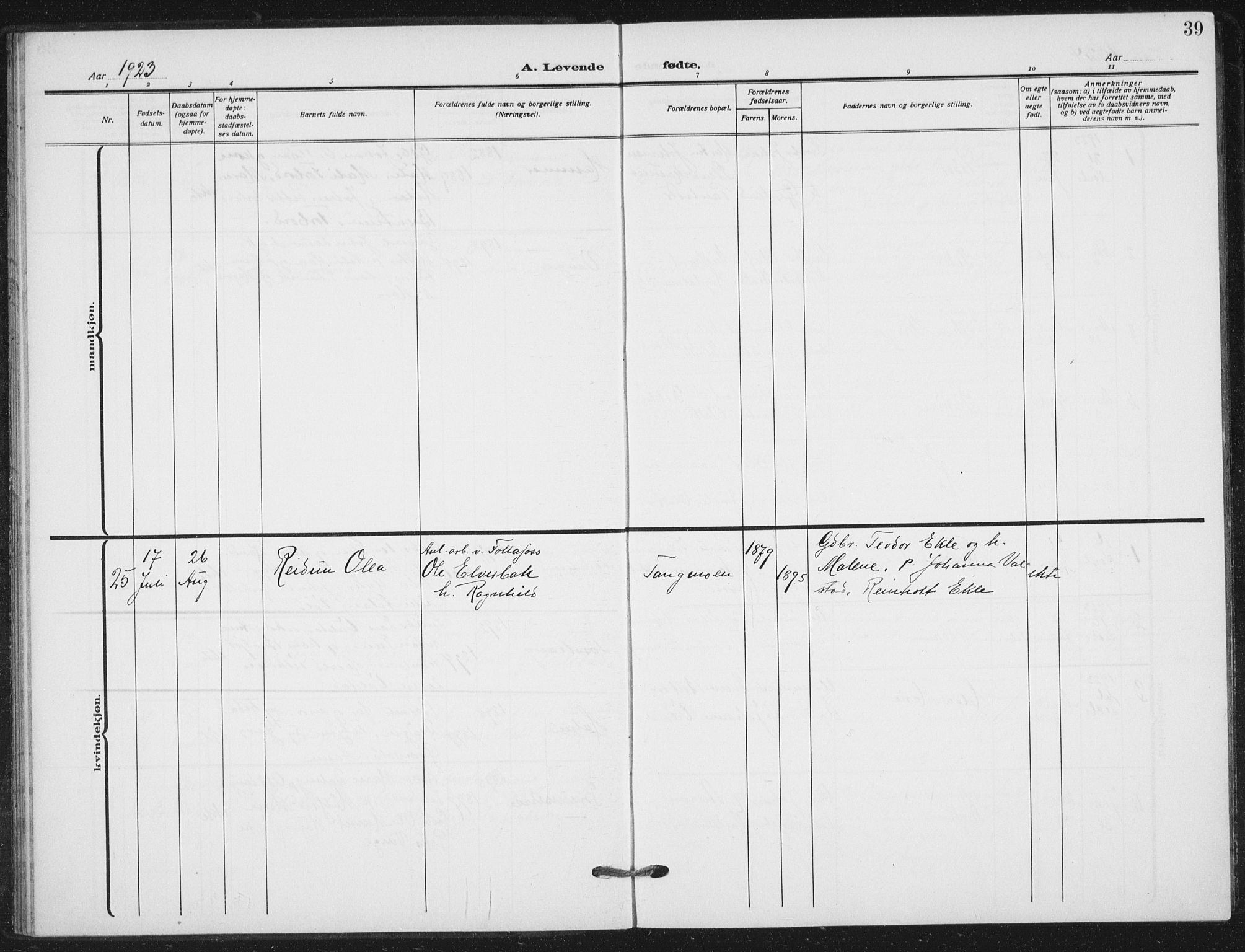 Ministerialprotokoller, klokkerbøker og fødselsregistre - Nord-Trøndelag, AV/SAT-A-1458/712/L0102: Parish register (official) no. 712A03, 1916-1929, p. 39