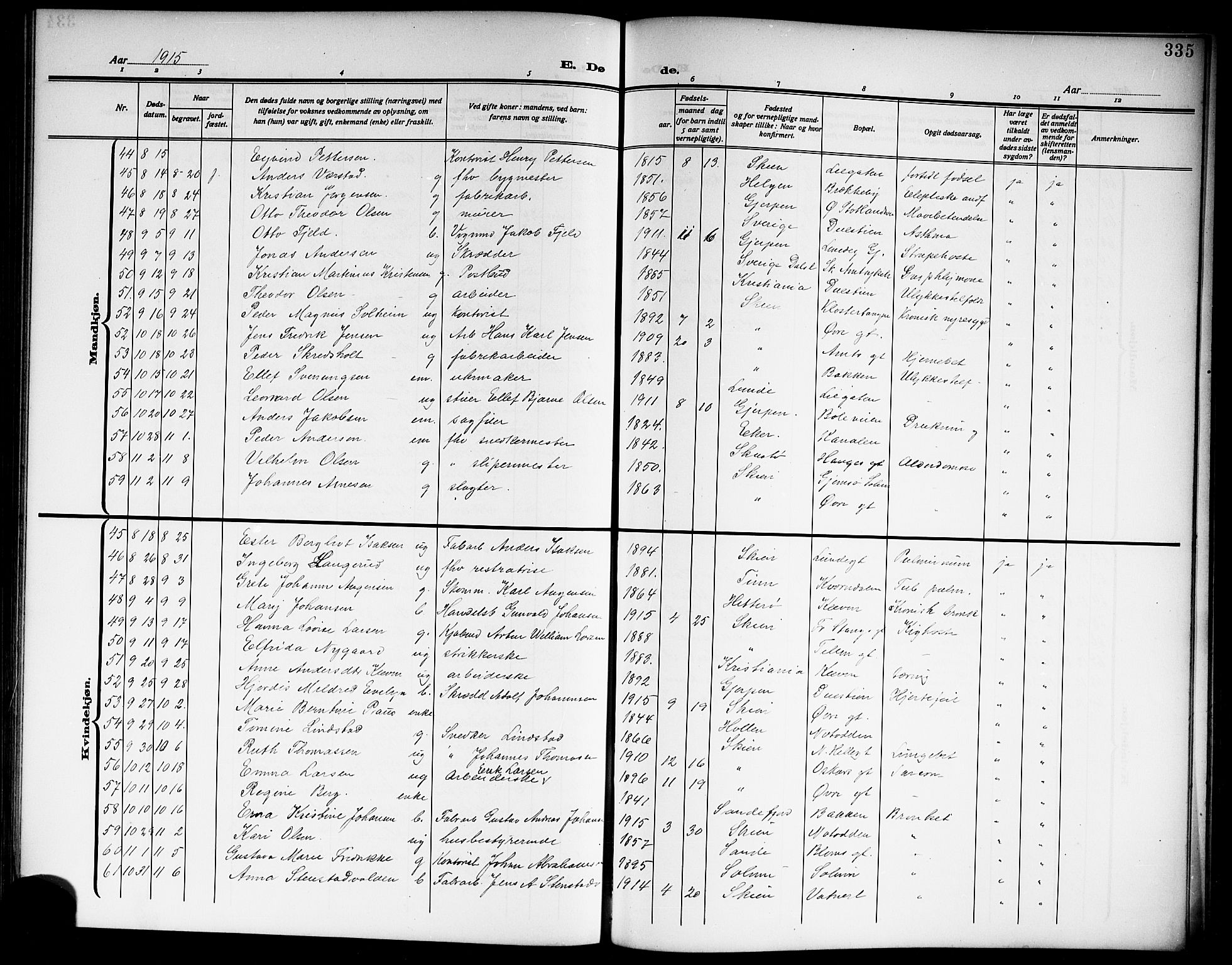 Skien kirkebøker, SAKO/A-302/G/Ga/L0009: Parish register (copy) no. 9, 1910-1920, p. 335