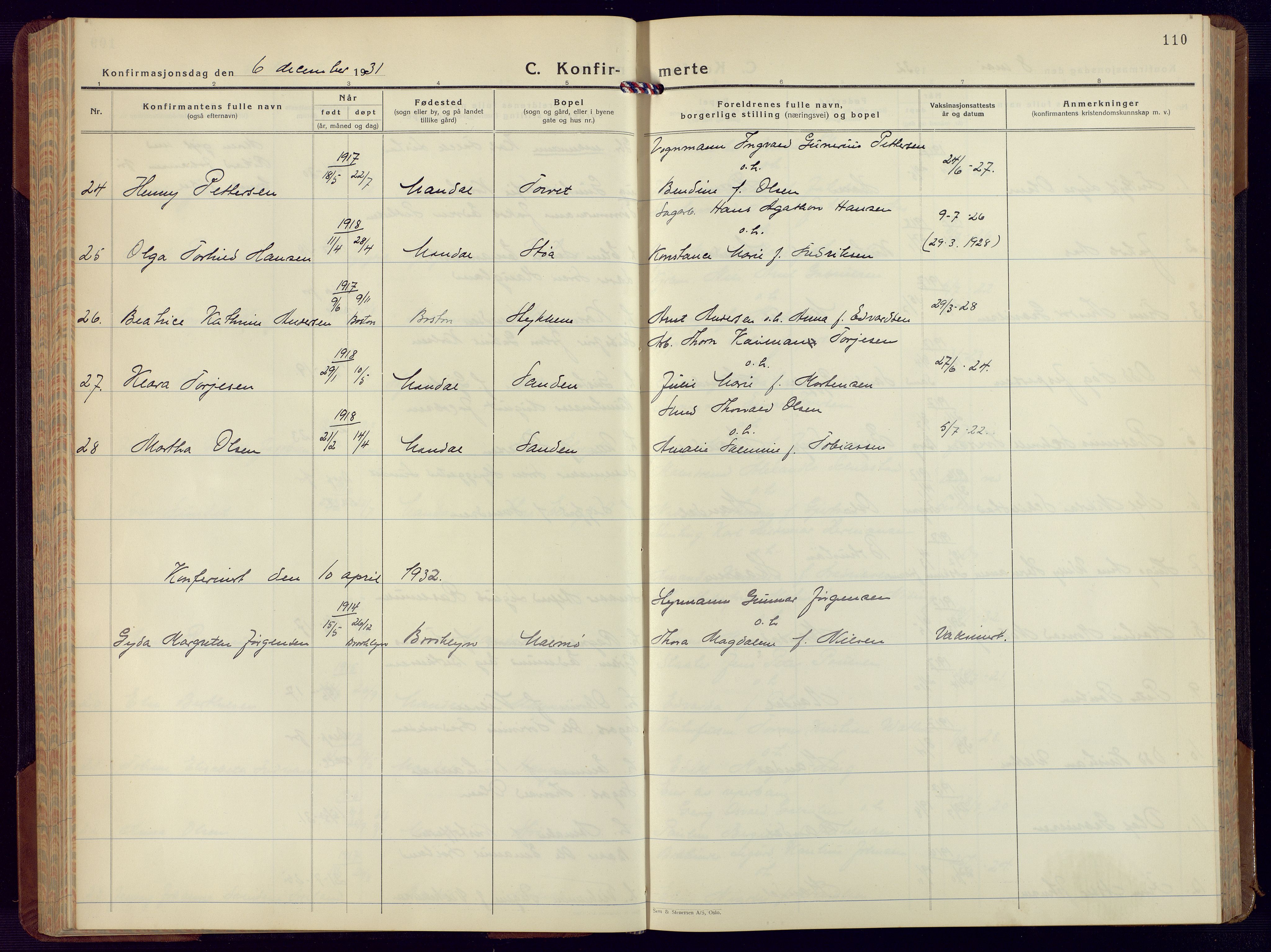 Mandal sokneprestkontor, SAK/1111-0030/F/Fb/Fbc/L0002: Parish register (copy) no. B 2, 1931-1949, p. 110