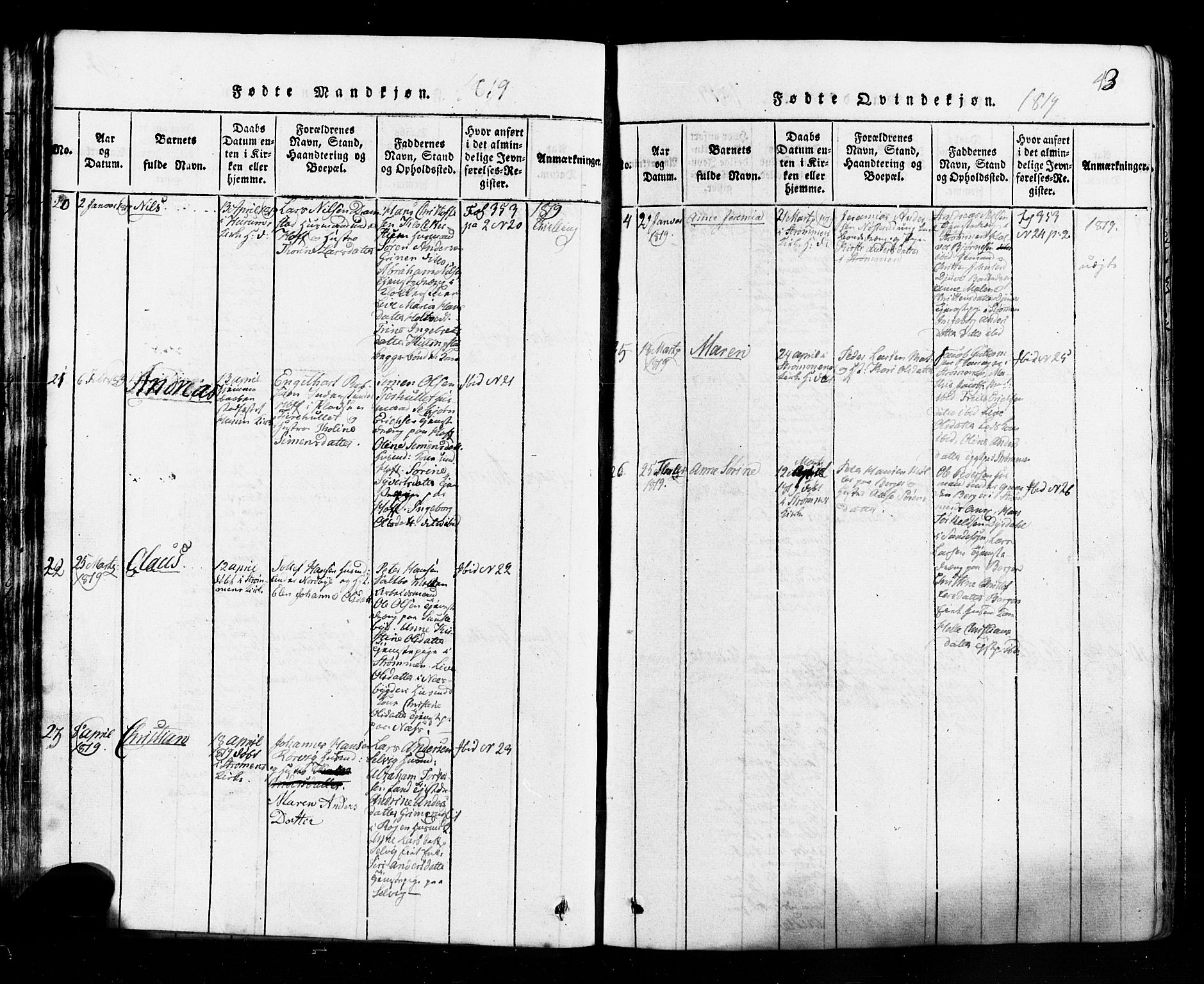 Hurum kirkebøker, AV/SAKO-A-229/G/Ga/L0001: Parish register (copy) no. I 1, 1816-1826, p. 43