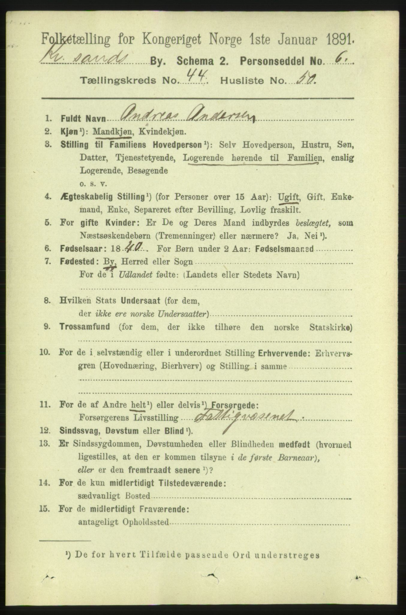 RA, 1891 census for 1001 Kristiansand, 1891, p. 13903