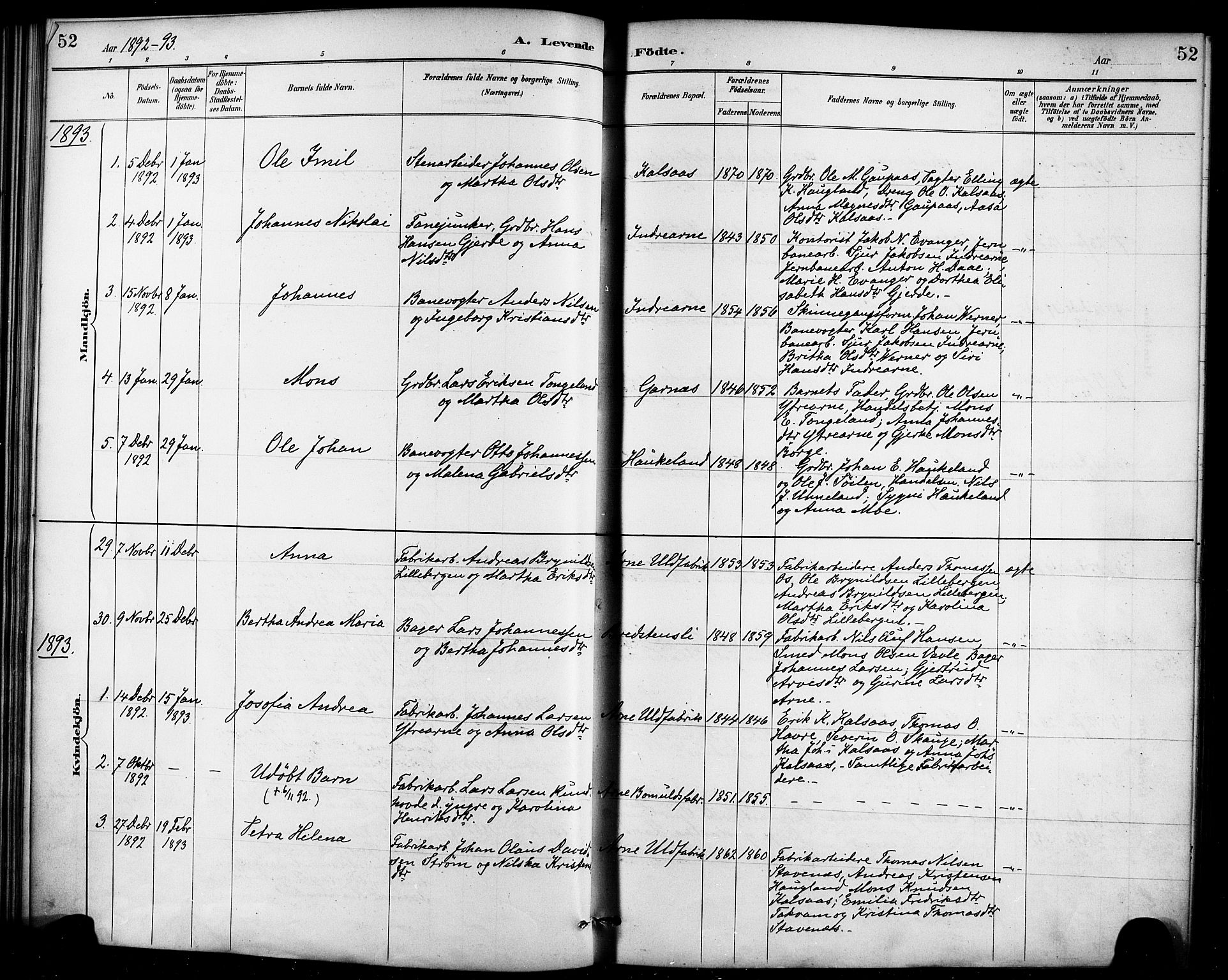 Haus sokneprestembete, SAB/A-75601/H/Haa/Haad/L0001: Parish register (official) no. D 1, 1887-1898, p. 52