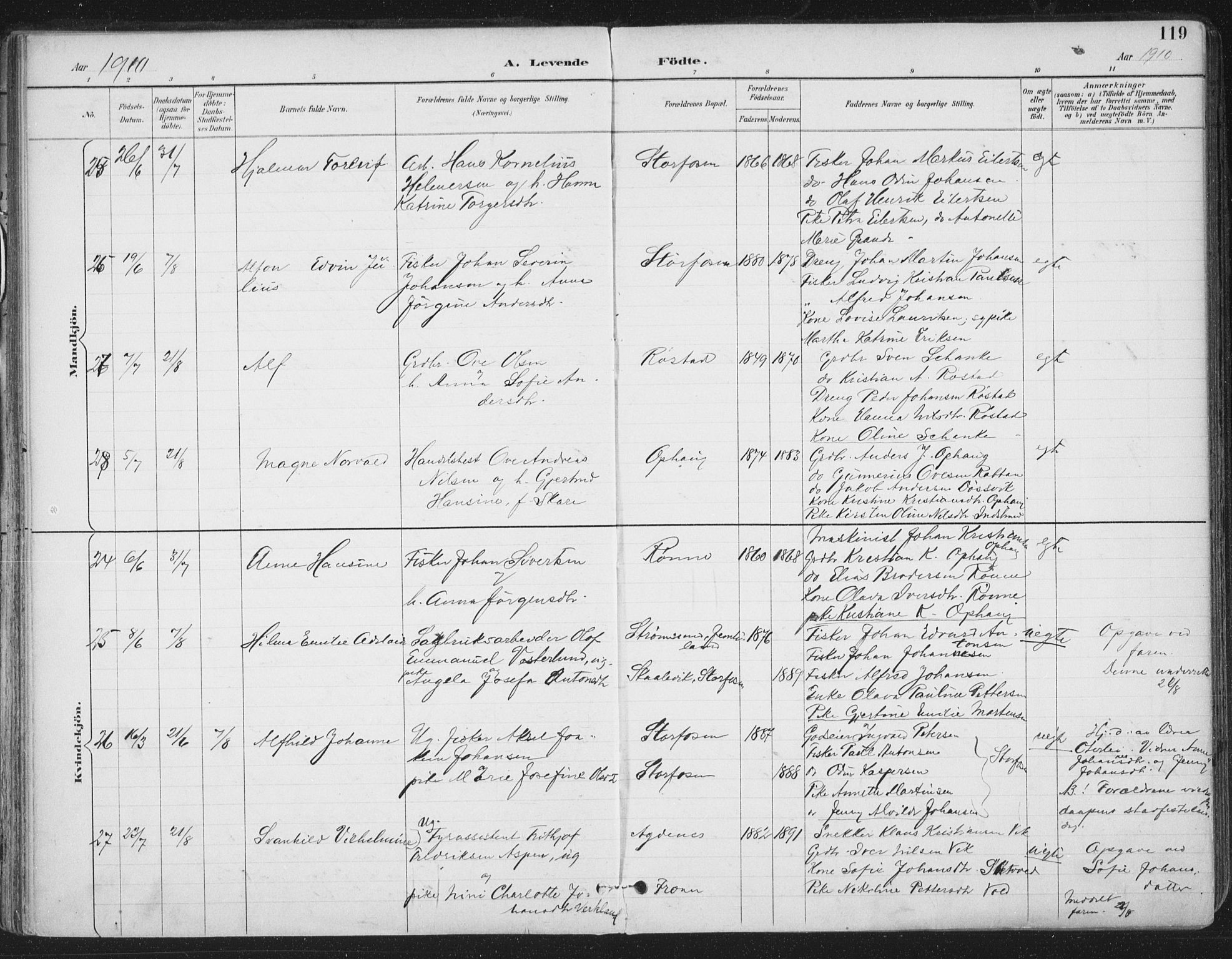 Ministerialprotokoller, klokkerbøker og fødselsregistre - Sør-Trøndelag, SAT/A-1456/659/L0743: Parish register (official) no. 659A13, 1893-1910, p. 119
