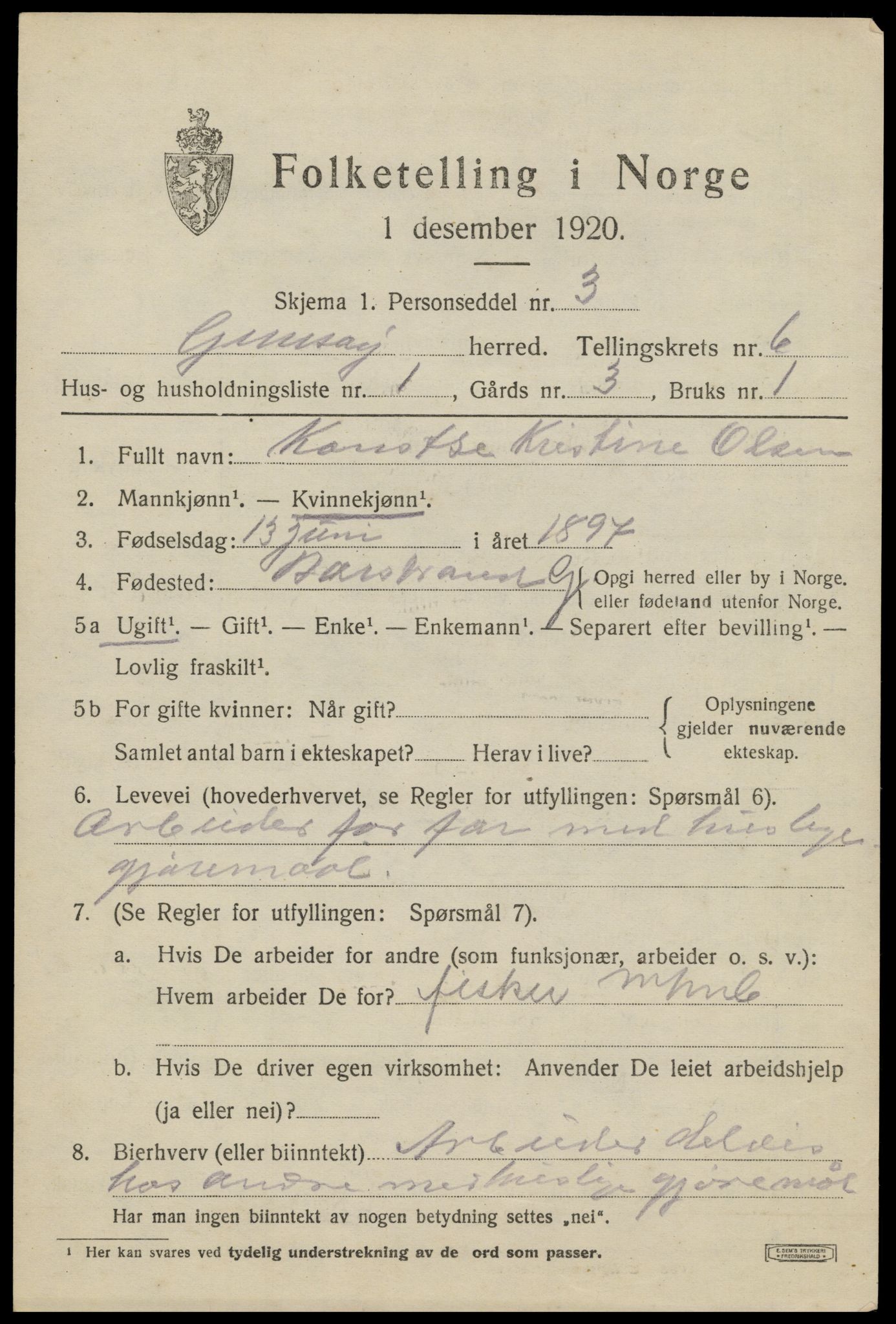 SAT, 1920 census for Gimsøy, 1920, p. 2827