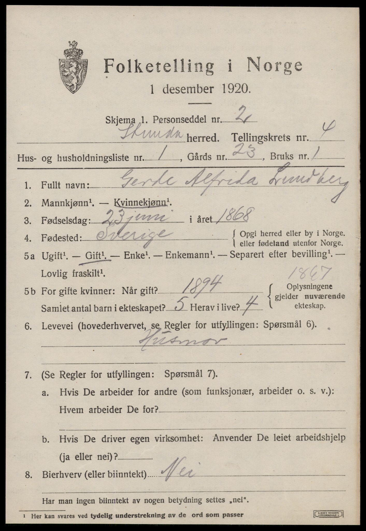 SAT, 1920 census for Strinda, 1920, p. 12644