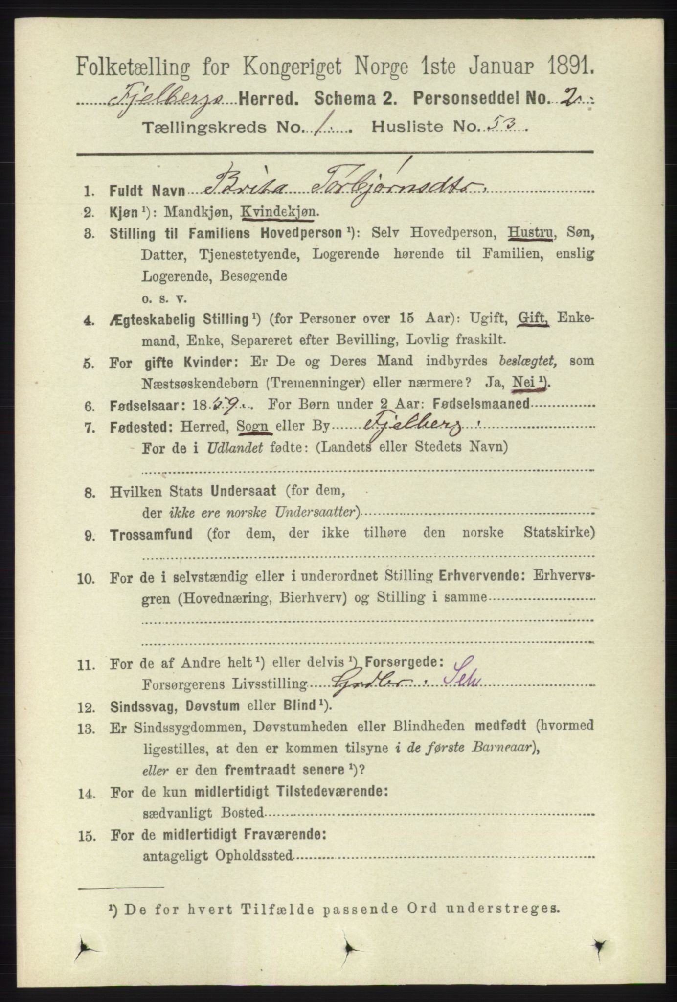RA, 1891 census for 1213 Fjelberg, 1891, p. 374
