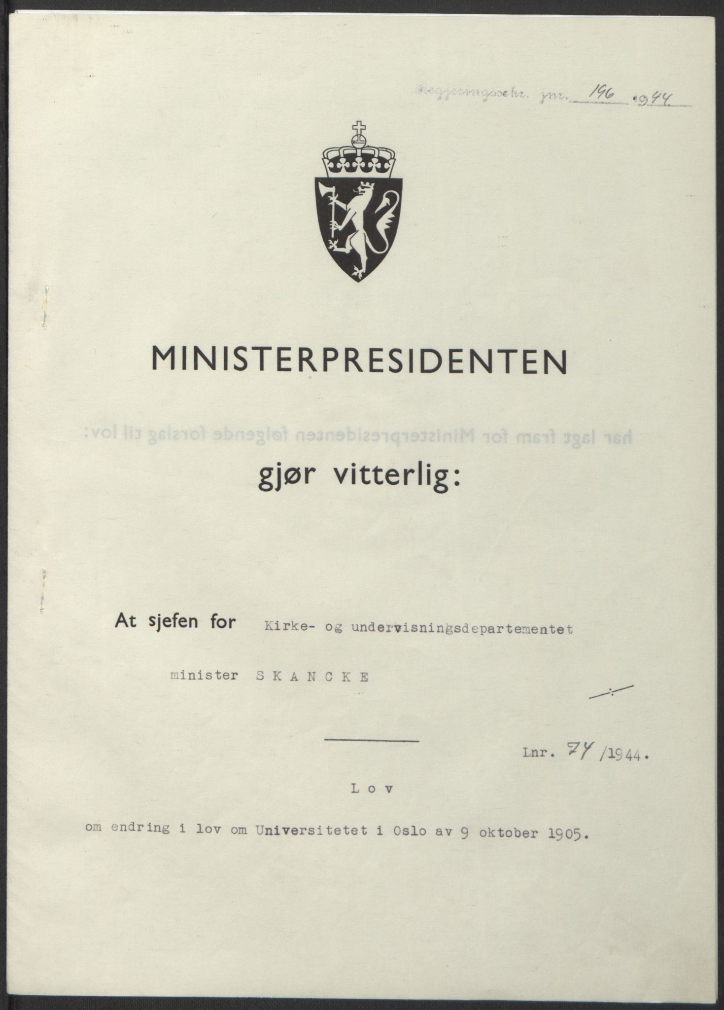 NS-administrasjonen 1940-1945 (Statsrådsekretariatet, de kommisariske statsråder mm), RA/S-4279/D/Db/L0100: Lover, 1944, p. 350
