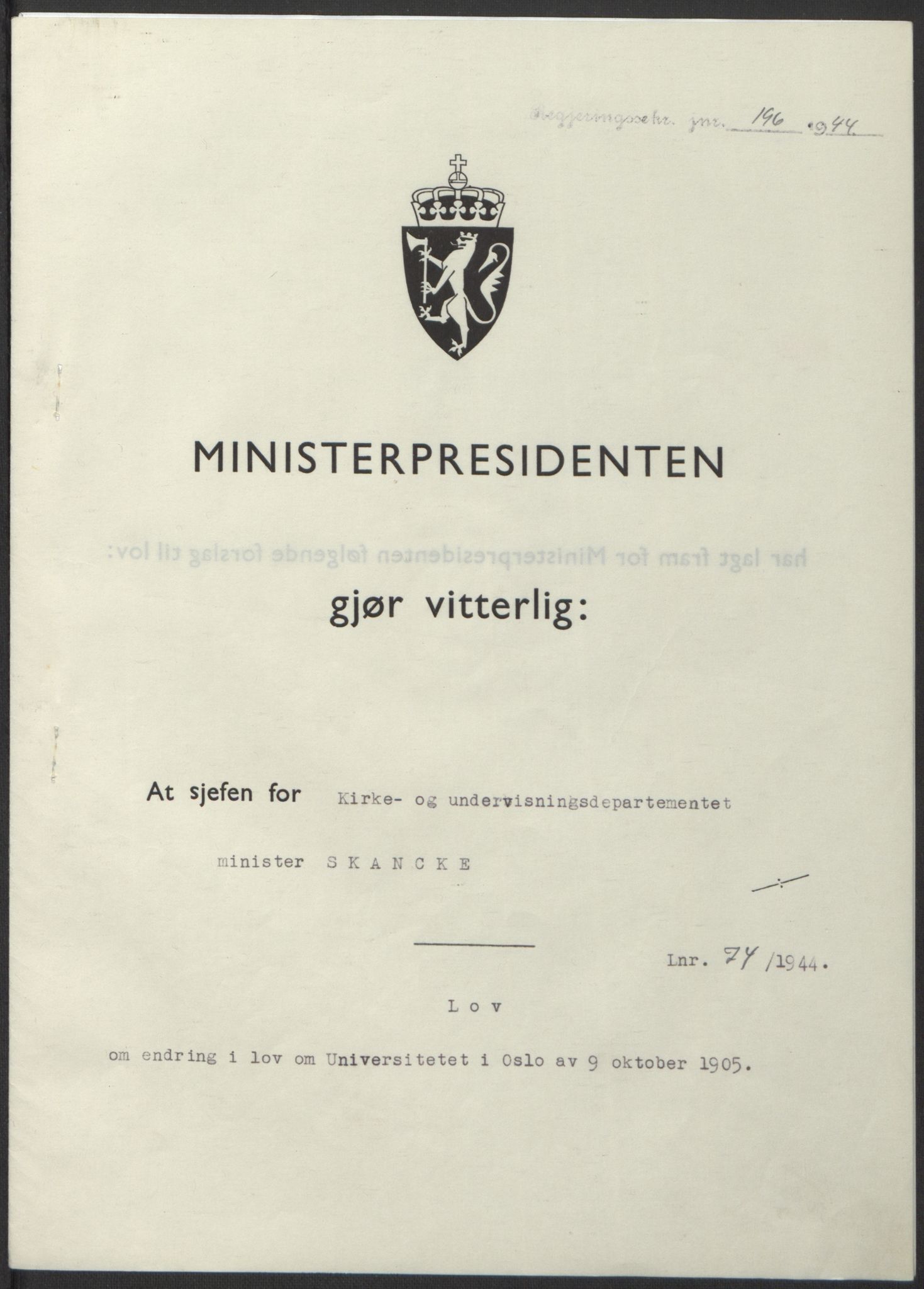 NS-administrasjonen 1940-1945 (Statsrådsekretariatet, de kommisariske statsråder mm), AV/RA-S-4279/D/Db/L0100: Lover, 1944, p. 350