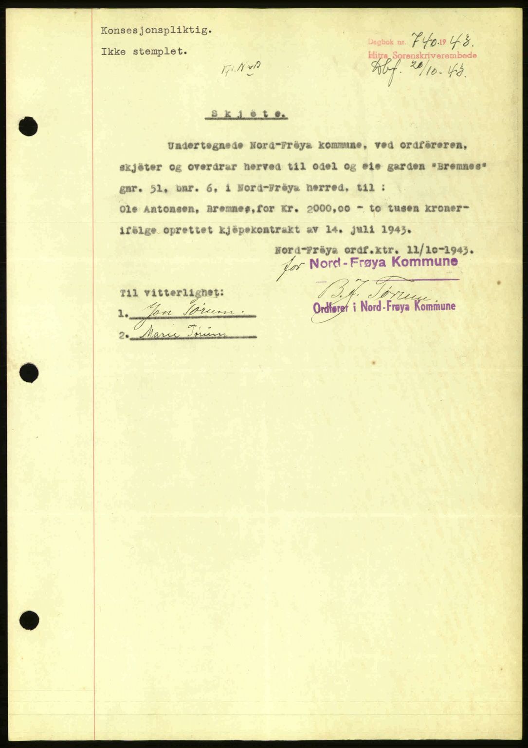 Hitra sorenskriveri, AV/SAT-A-0018/2/2C/2Ca: Mortgage book no. A2, 1943-1945, Diary no: : 740/1943