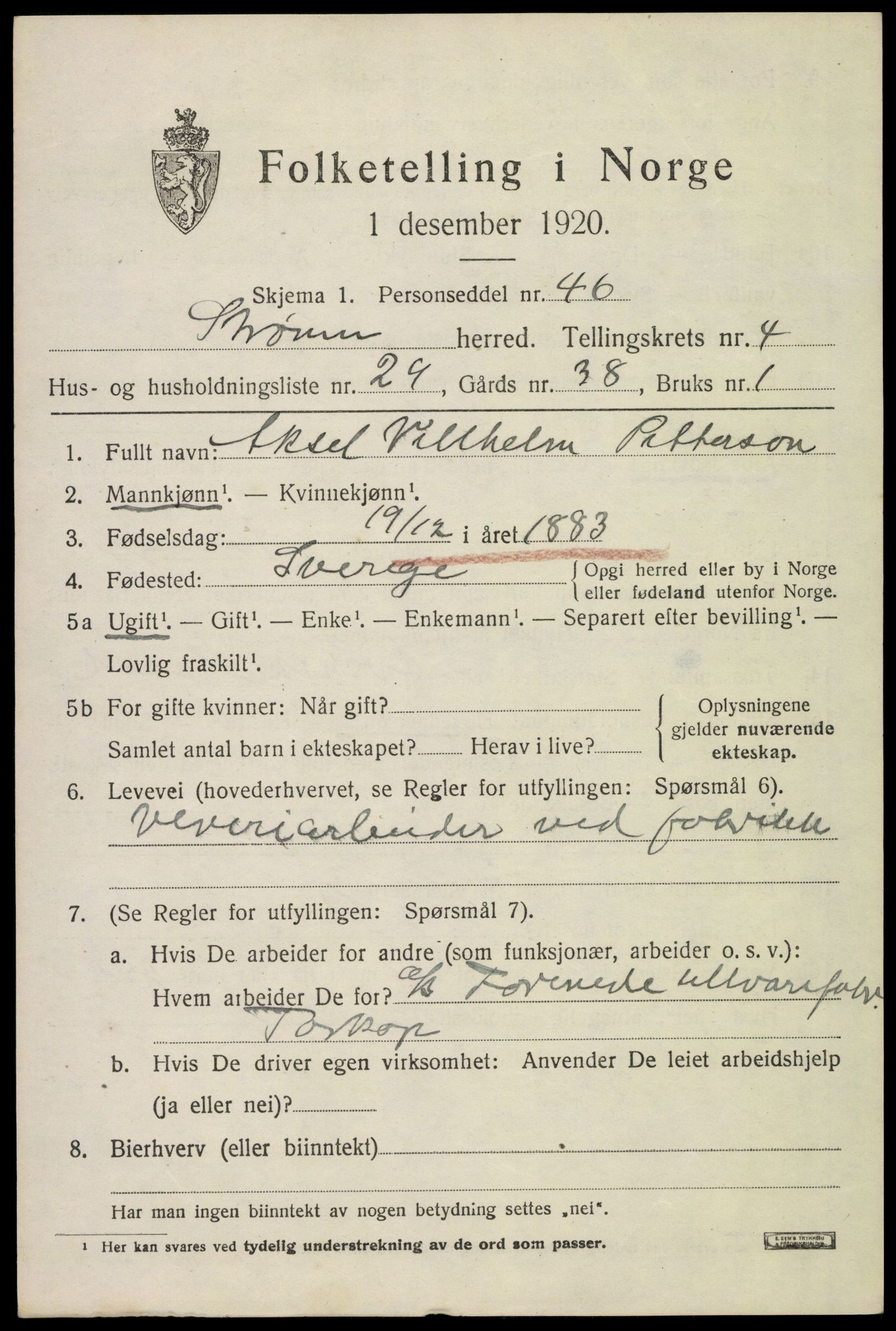 SAKO, 1920 census for Strømm, 1920, p. 3517