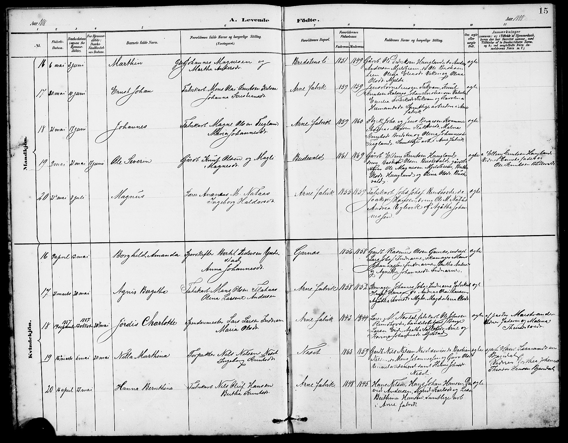 Arna Sokneprestembete, AV/SAB-A-74001/H/Ha/Hab: Parish register (copy) no. A 3, 1887-1897, p. 15