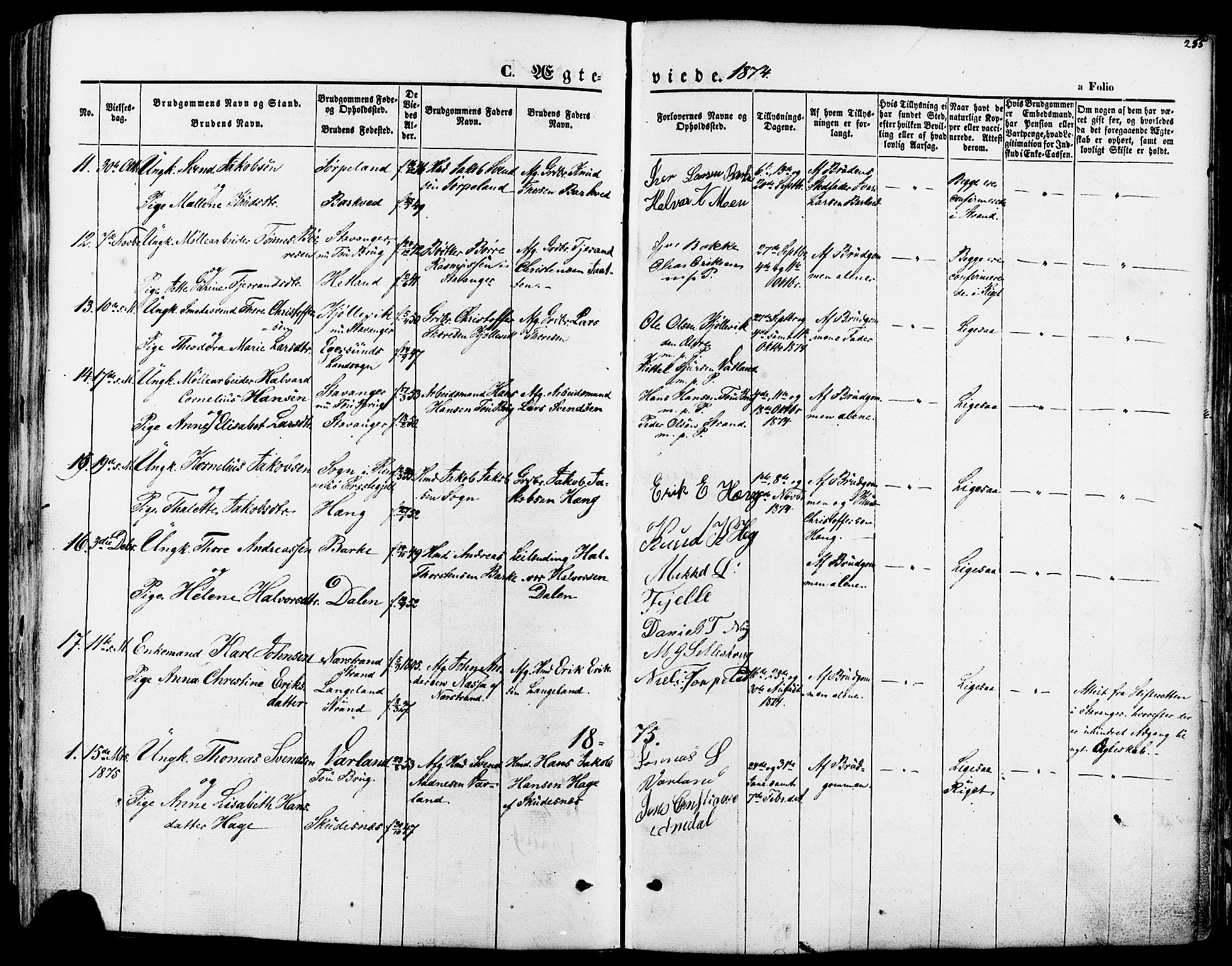 Strand sokneprestkontor, SAST/A-101828/H/Ha/Haa/L0007: Parish register (official) no. A 7, 1855-1881, p. 255