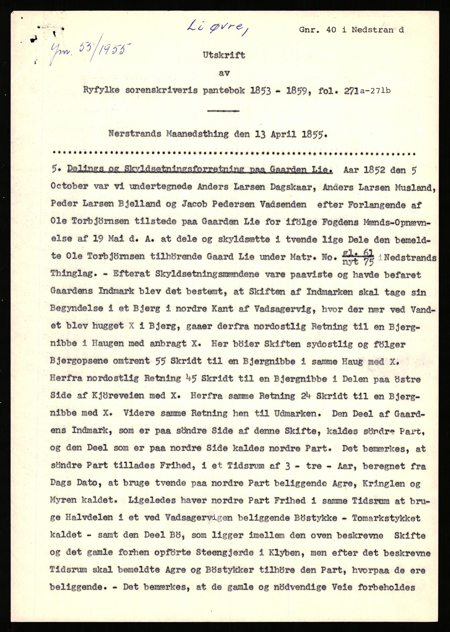 Statsarkivet i Stavanger, AV/SAST-A-101971/03/Y/Yj/L0053: Avskrifter sortert etter gårdsnavn: Leigvam - Liland, 1750-1930, p. 421