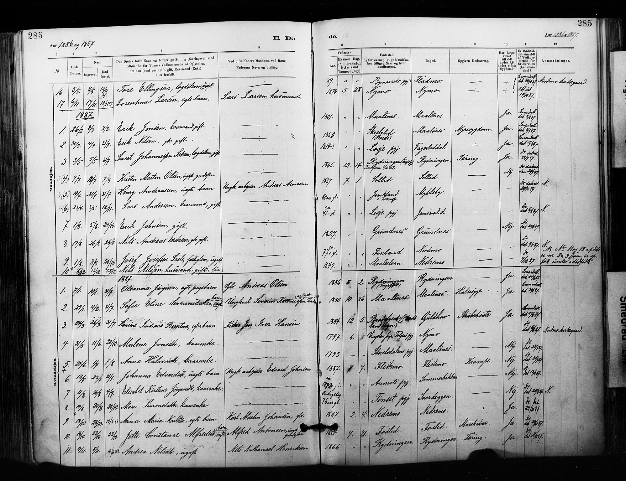 Målselv sokneprestembete, SATØ/S-1311/G/Ga/Gaa/L0007kirke: Parish register (official) no. 7, 1884-1903, p. 285