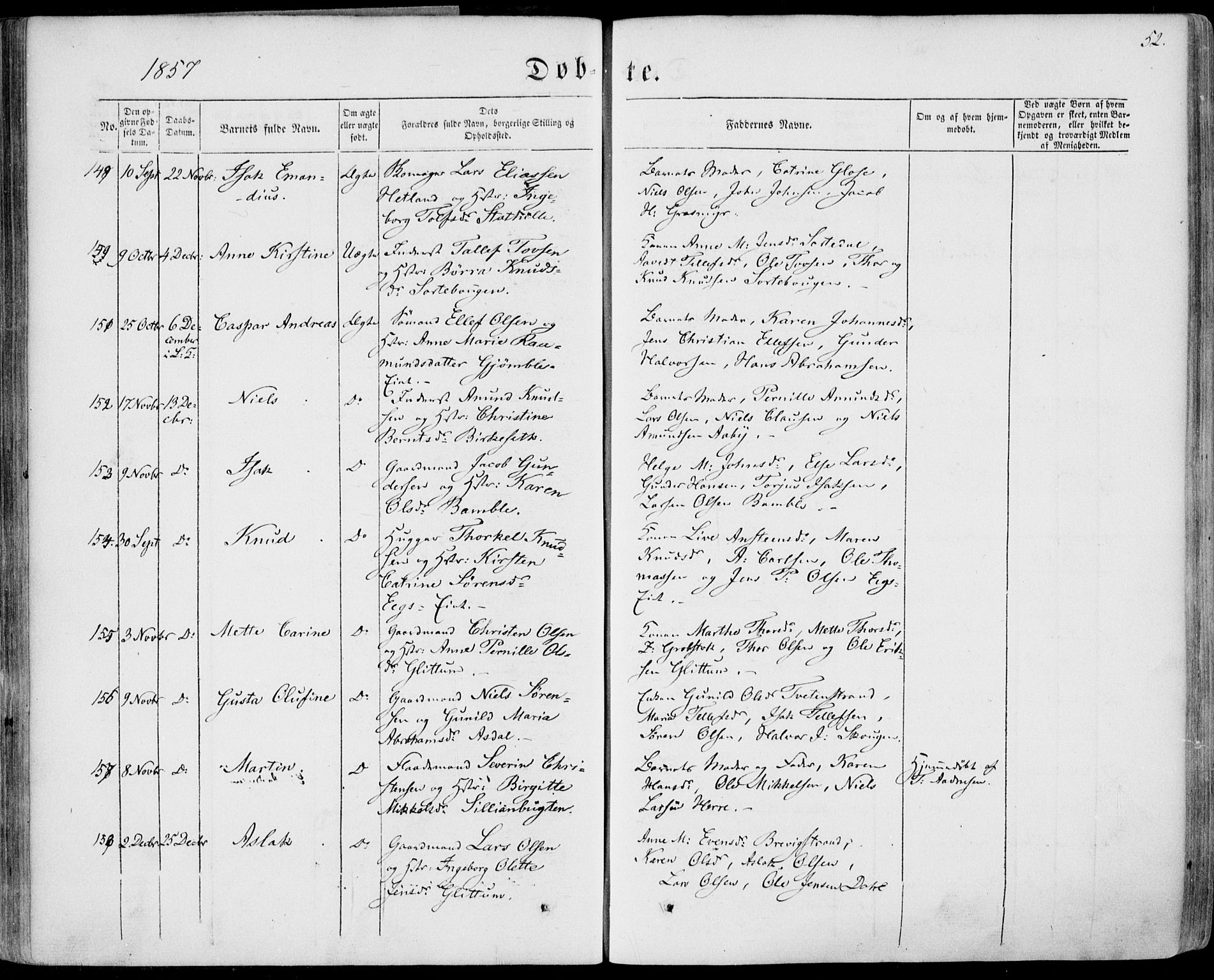 Bamble kirkebøker, SAKO/A-253/F/Fa/L0005: Parish register (official) no. I 5, 1854-1869, p. 52