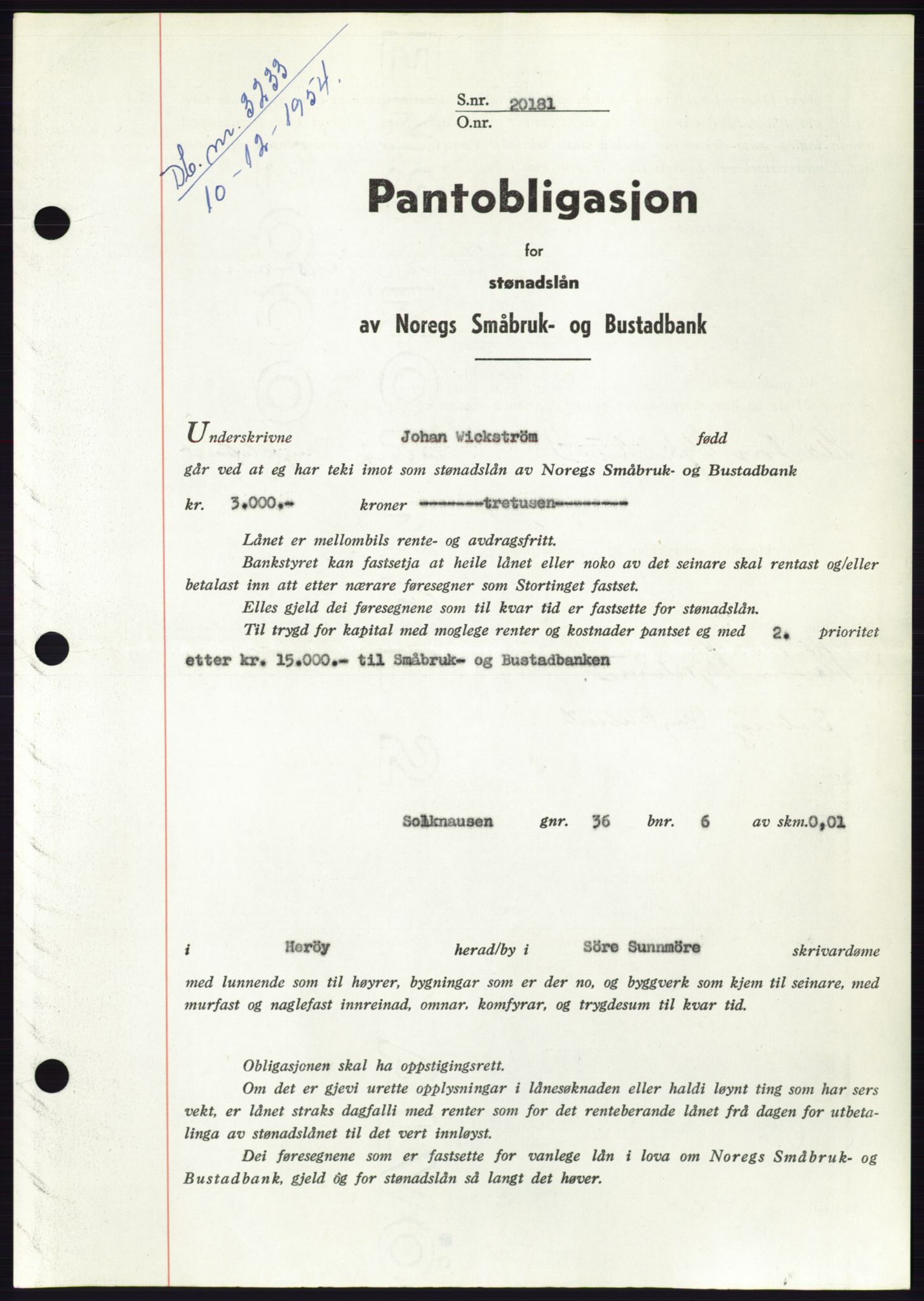 Søre Sunnmøre sorenskriveri, AV/SAT-A-4122/1/2/2C/L0126: Mortgage book no. 14B, 1954-1955, Diary no: : 3233/1954