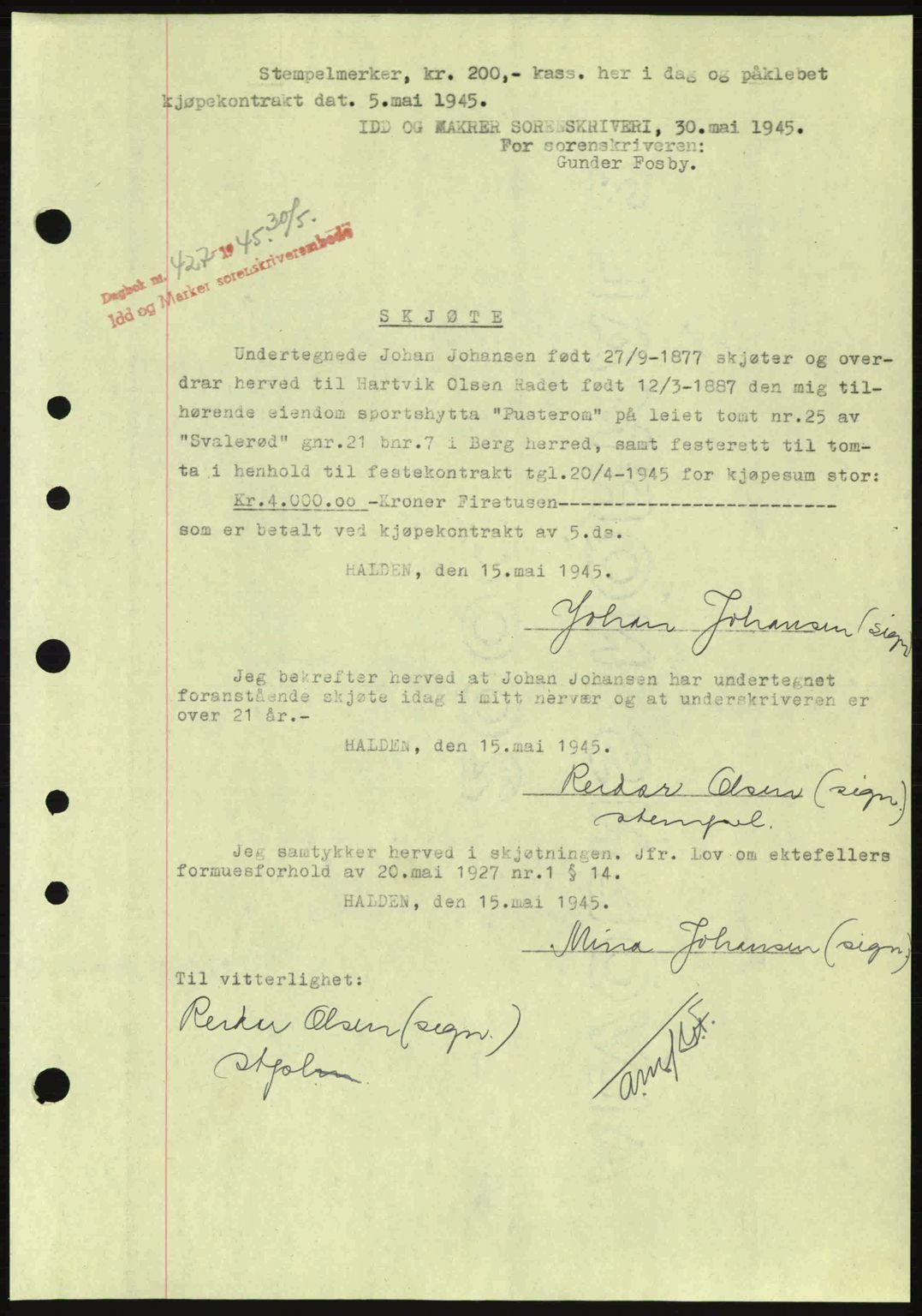 Idd og Marker sorenskriveri, AV/SAO-A-10283/G/Gb/Gbb/L0007: Mortgage book no. A7, 1944-1945, Diary no: : 427/1945