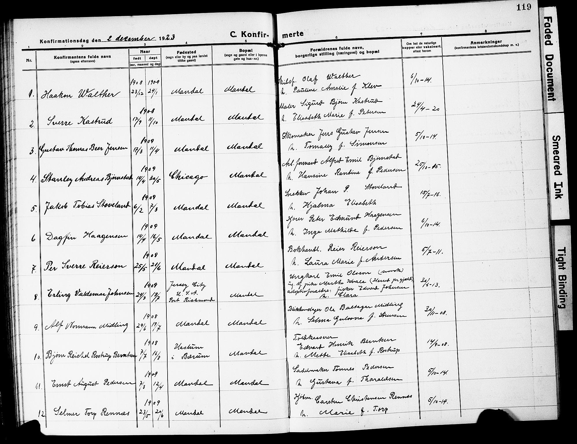 Mandal sokneprestkontor, AV/SAK-1111-0030/F/Fb/Fbc/L0001: Parish register (copy) no. B 1, 1918-1931, p. 119