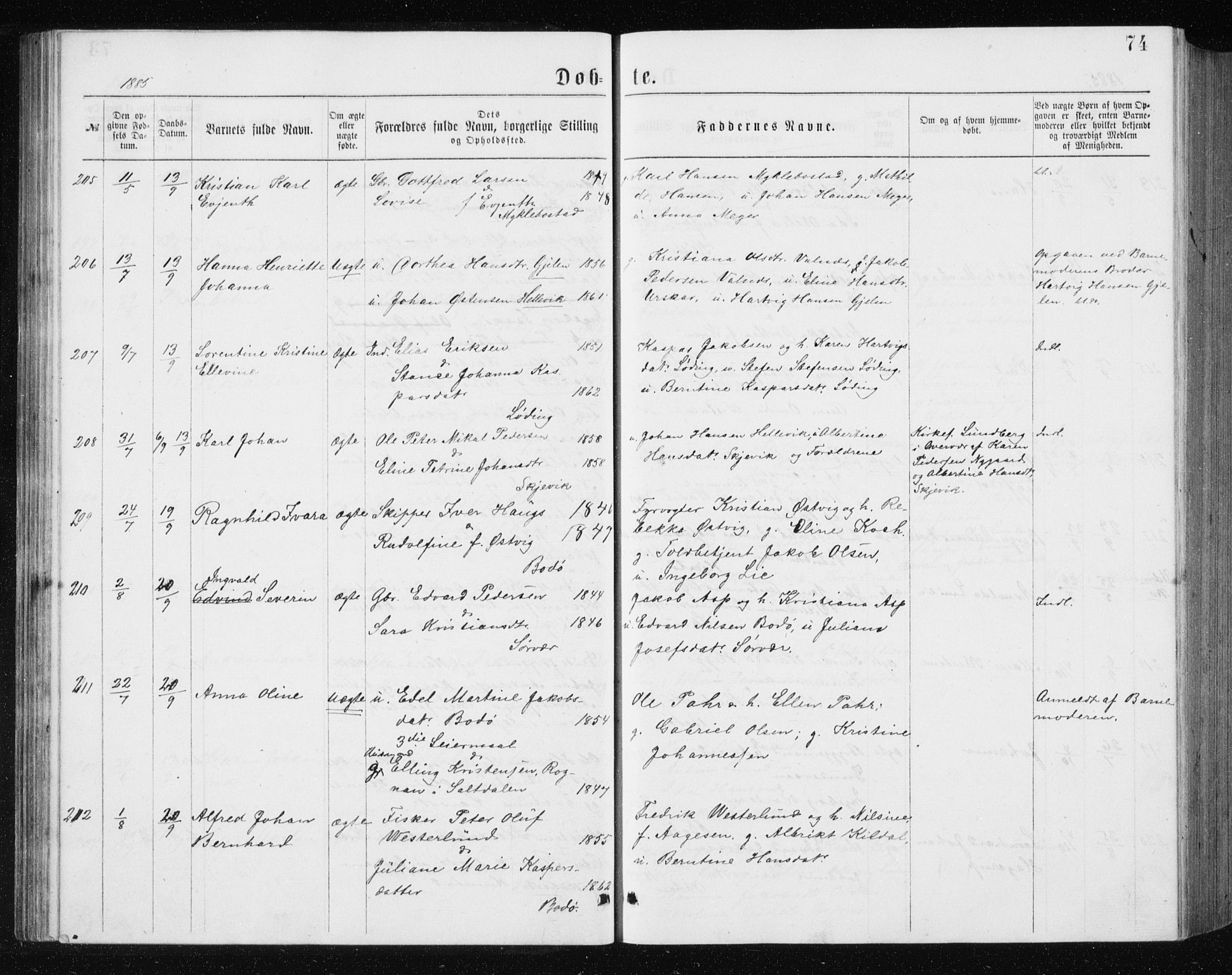 Ministerialprotokoller, klokkerbøker og fødselsregistre - Nordland, SAT/A-1459/801/L0031: Parish register (copy) no. 801C06, 1883-1887, p. 74