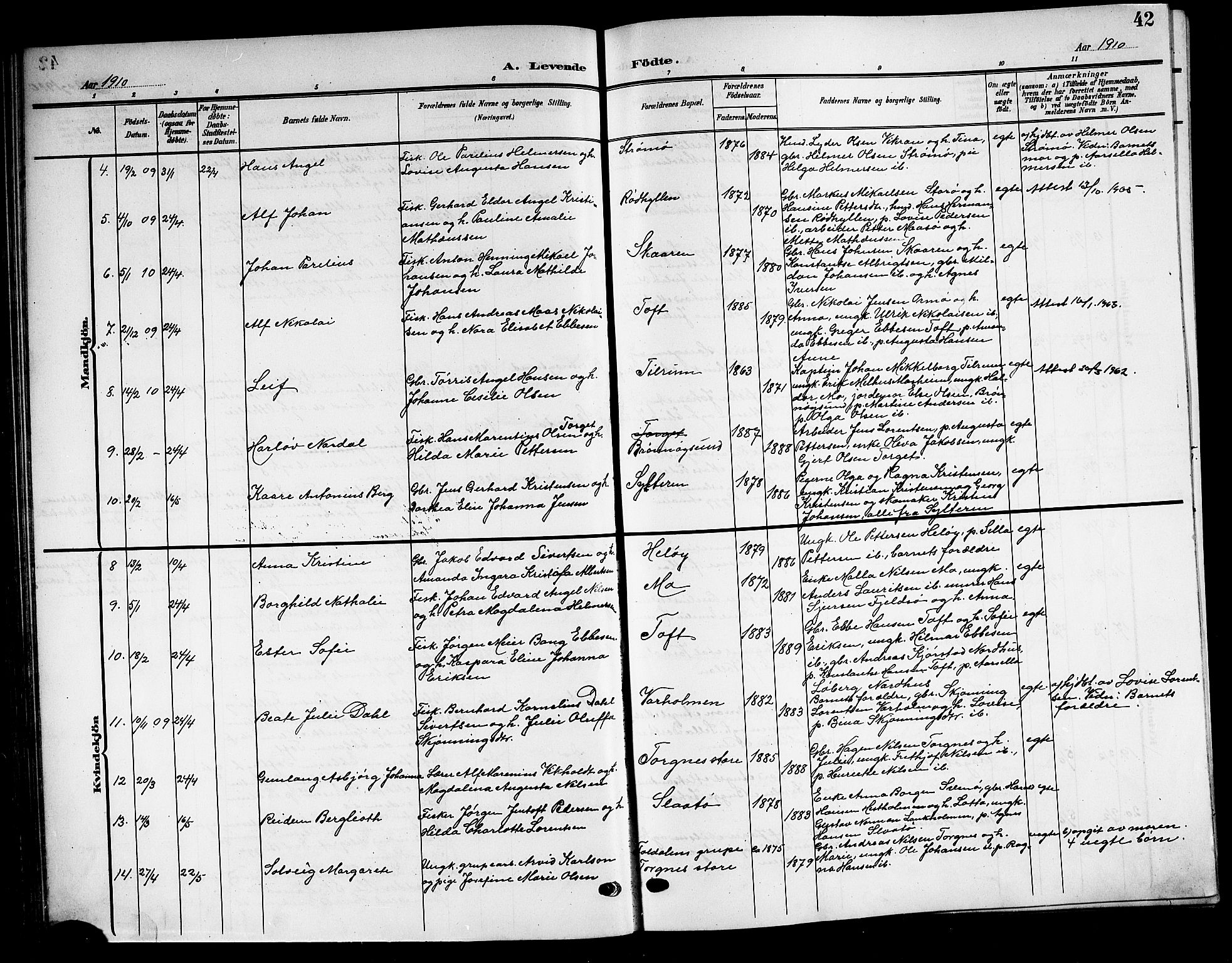 Ministerialprotokoller, klokkerbøker og fødselsregistre - Nordland, SAT/A-1459/813/L0214: Parish register (copy) no. 813C06, 1904-1917, p. 42