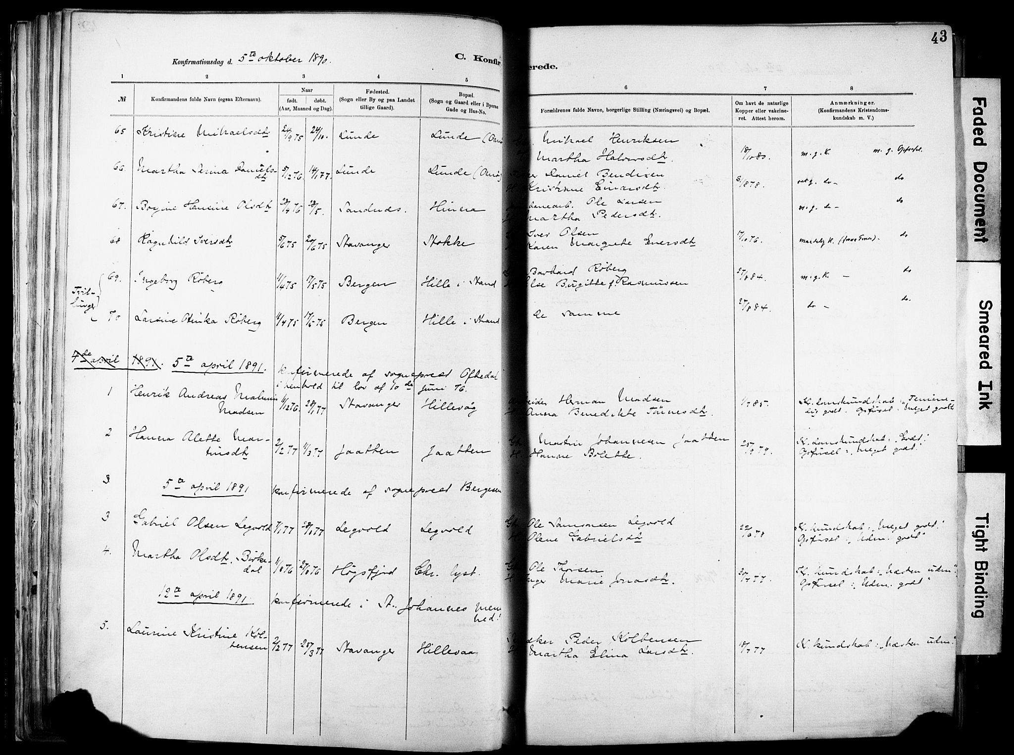 Hetland sokneprestkontor, SAST/A-101826/30/30BA/L0012: Parish register (official) no. A 12, 1882-1912, p. 43
