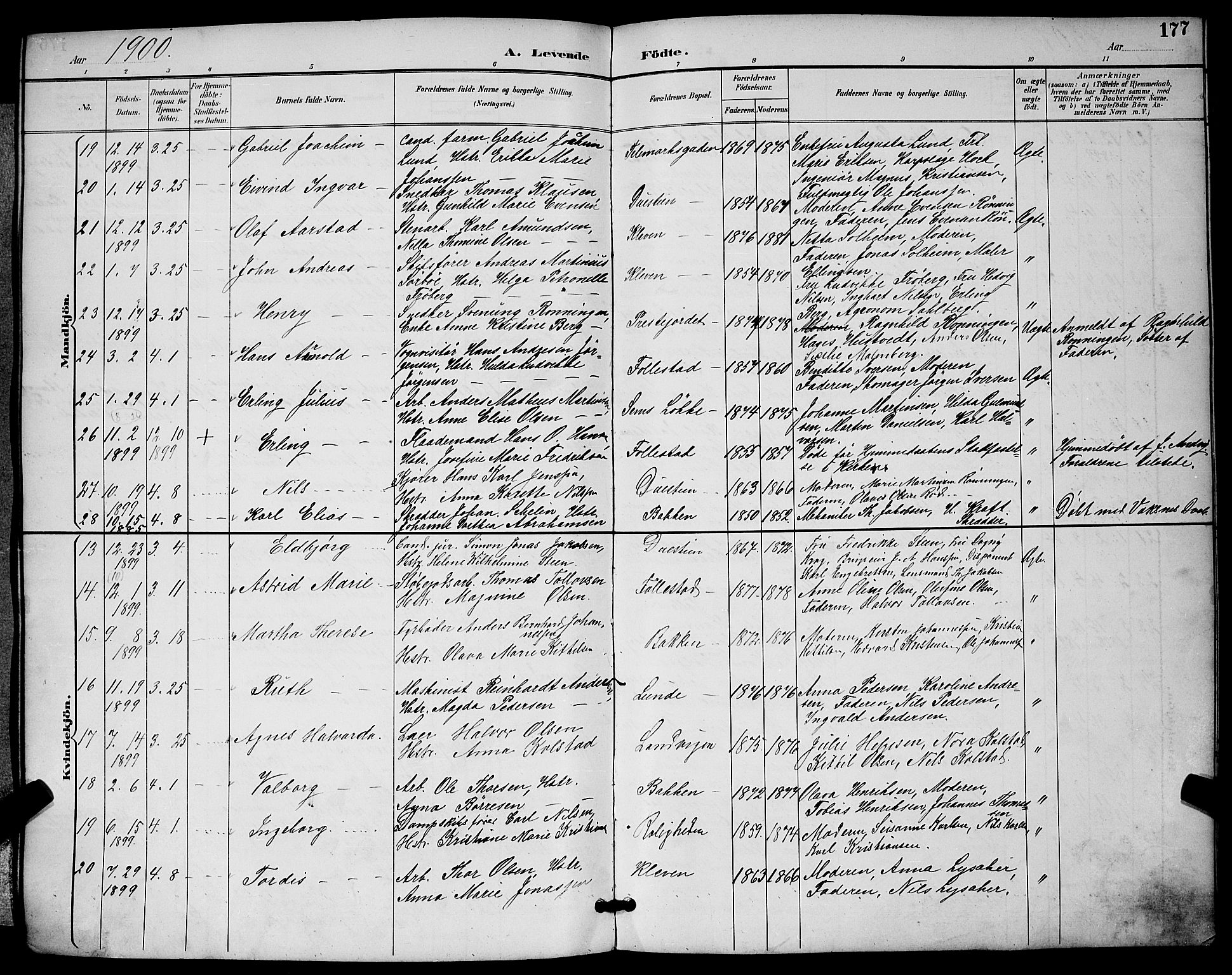 Skien kirkebøker, SAKO/A-302/G/Ga/L0007: Parish register (copy) no. 7, 1891-1900, p. 177