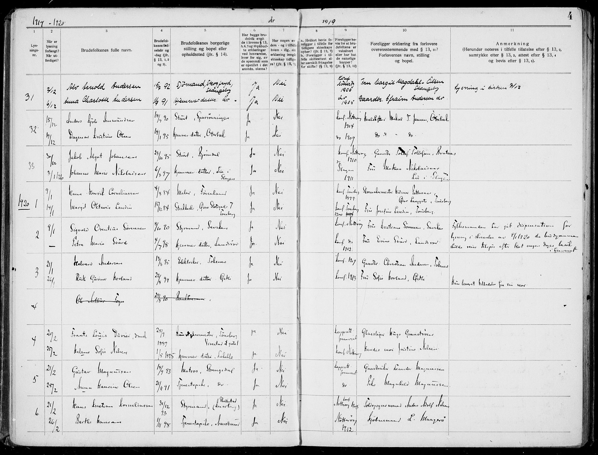 Nøtterøy kirkebøker, AV/SAKO-A-354/H/Ha/L0001: Banns register no. 1, 1919-1937, p. 4