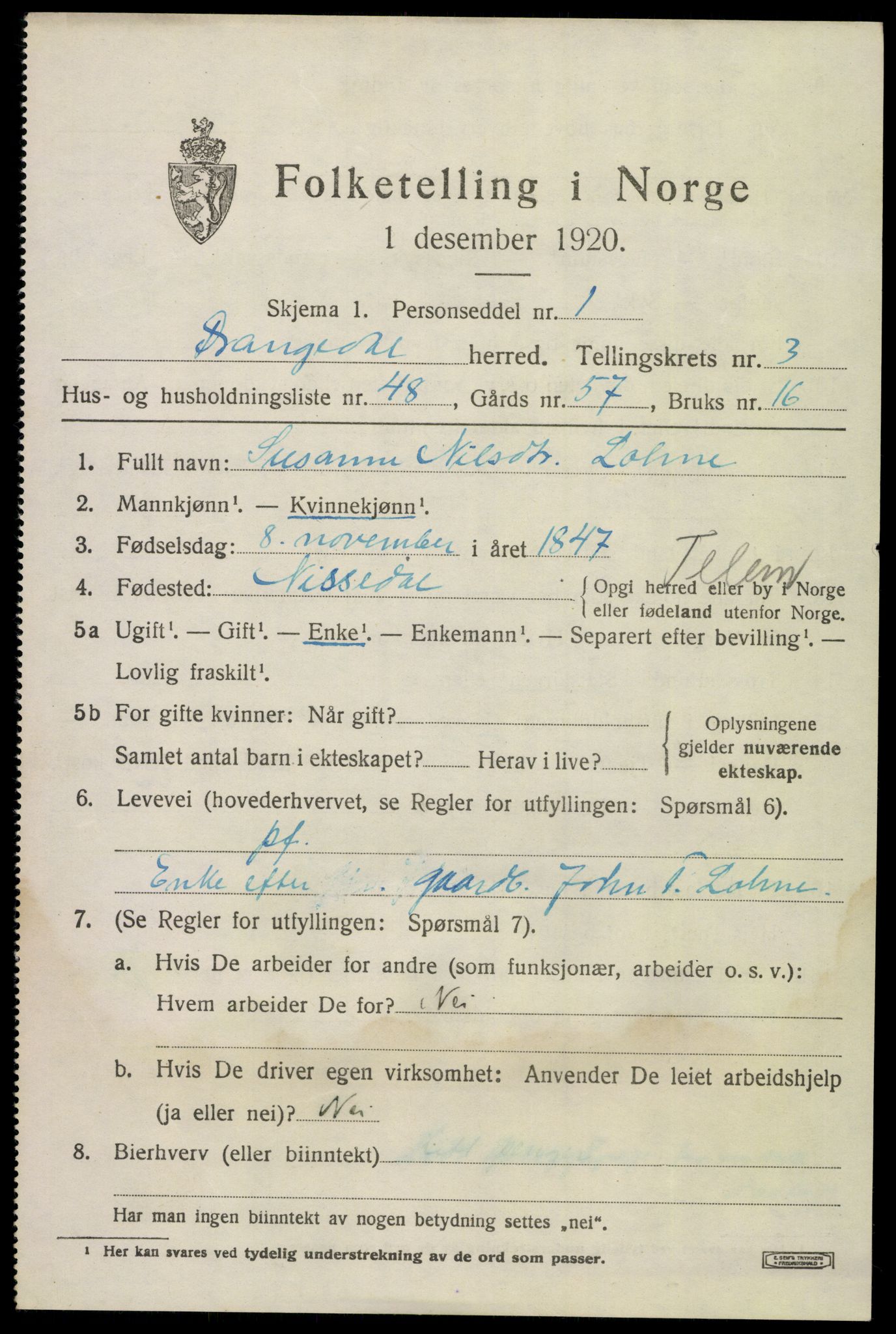 SAKO, 1920 census for Drangedal, 1920, p. 3141