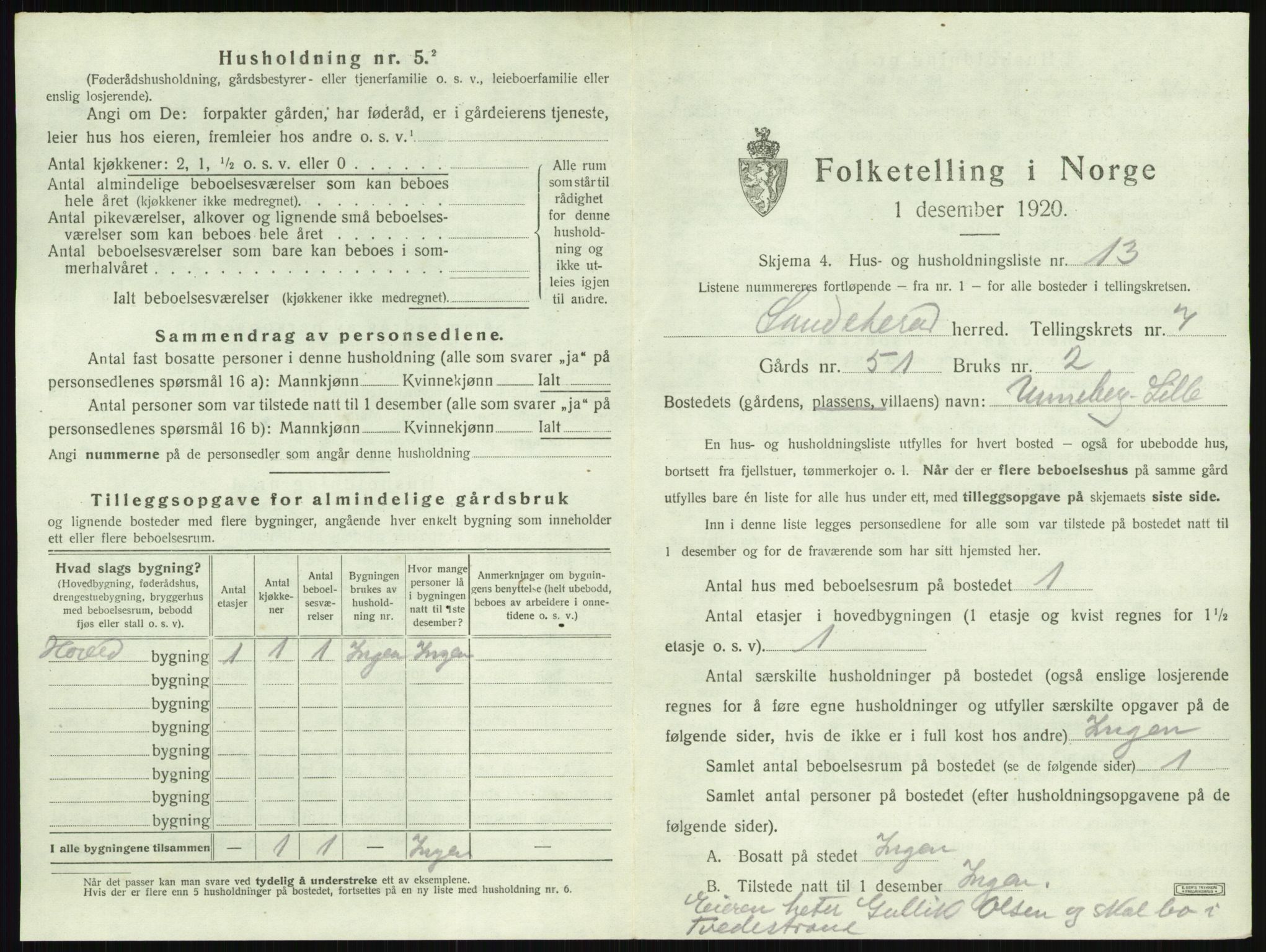 SAKO, 1920 census for Sandeherred, 1920, p. 1483