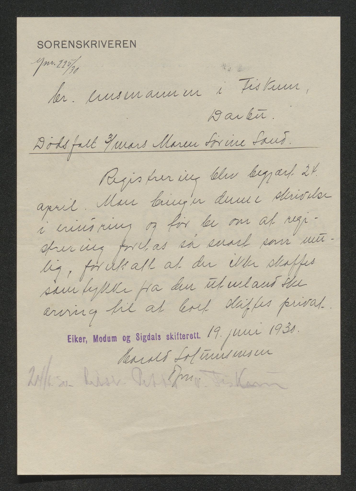 Eiker, Modum og Sigdal sorenskriveri, AV/SAKO-A-123/H/Ha/Hab/L0046: Dødsfallsmeldinger, 1930-1931, p. 153