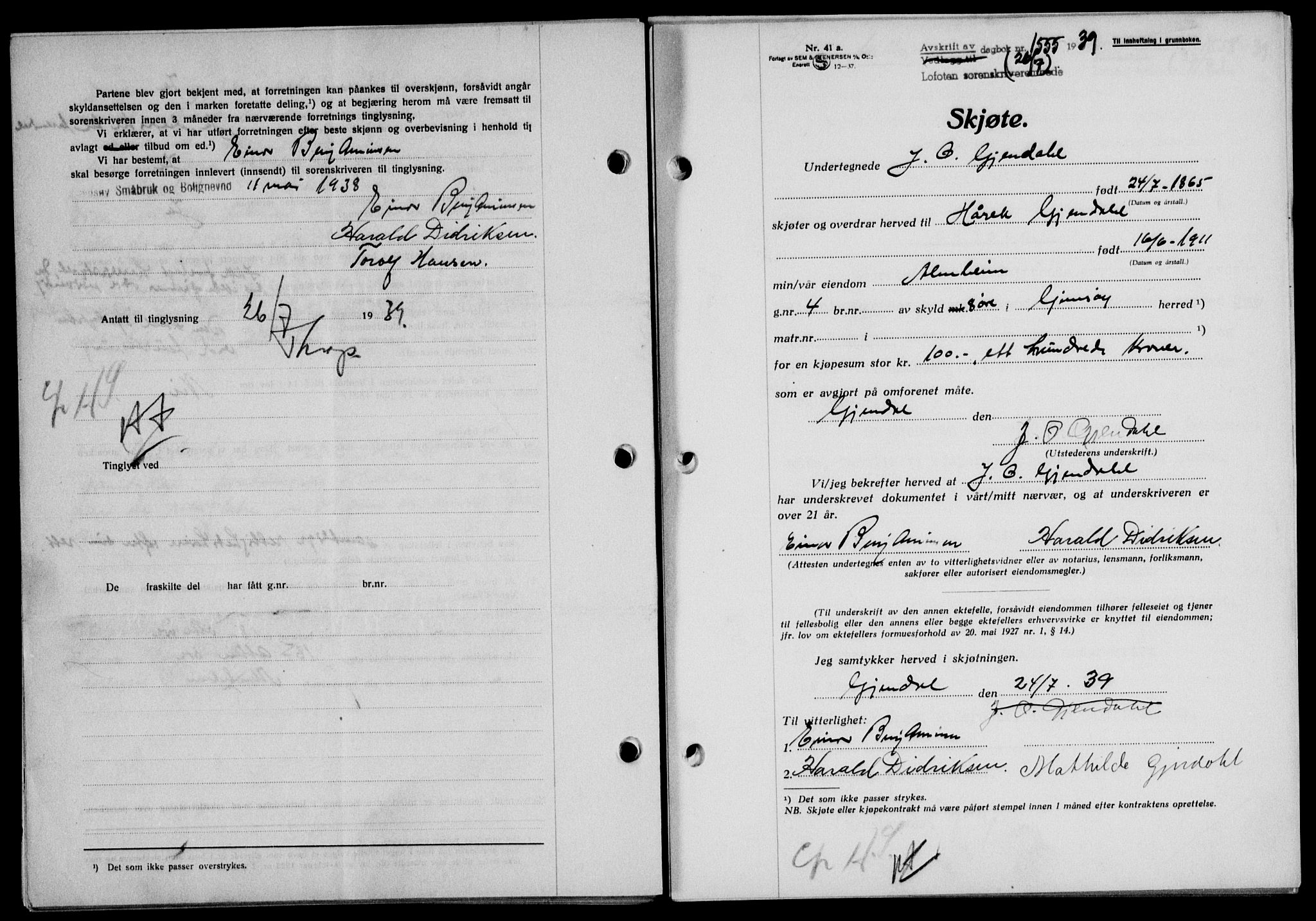 Lofoten sorenskriveri, SAT/A-0017/1/2/2C/L0006a: Mortgage book no. 6a, 1939-1939, Diary no: : 1555/1939