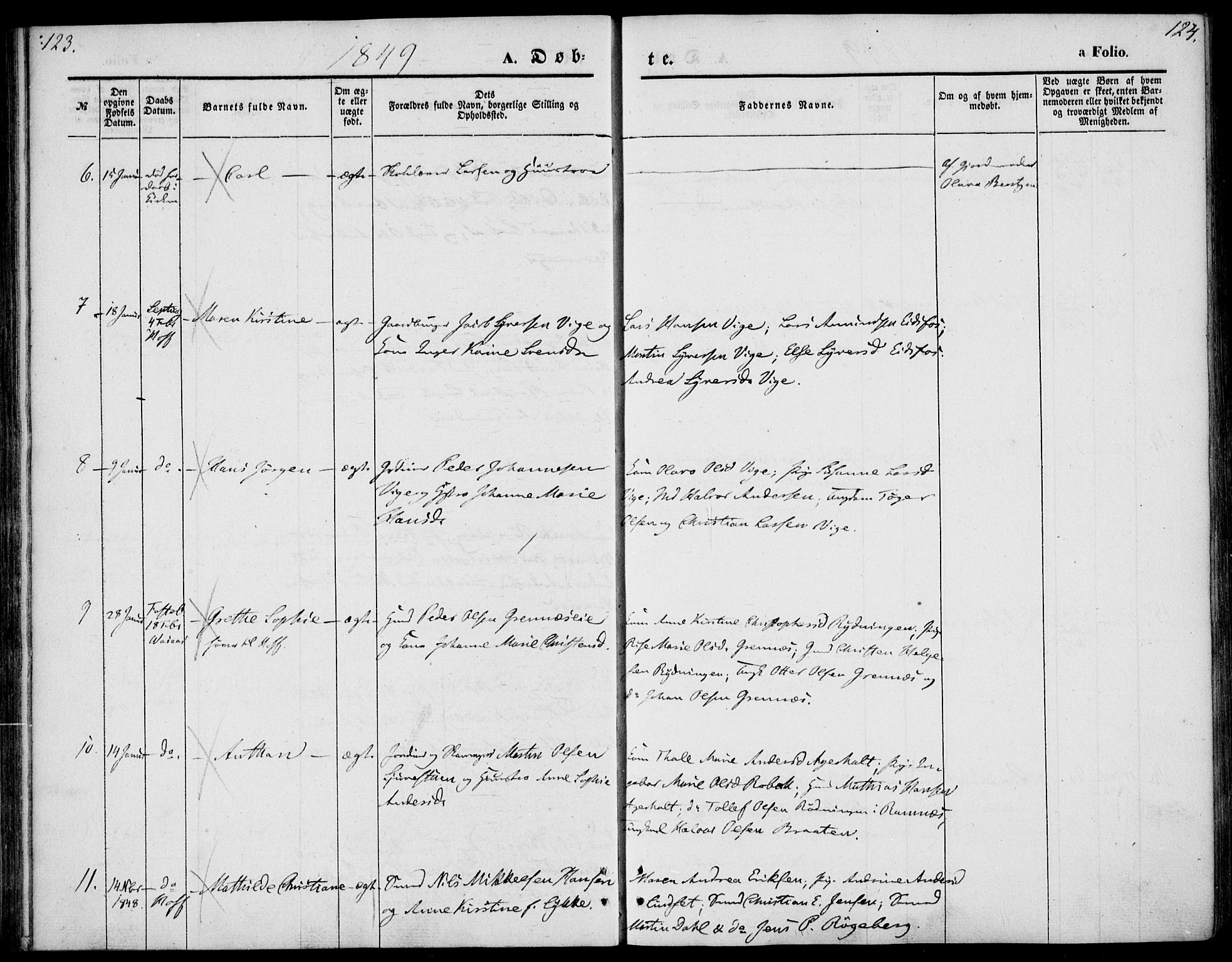 Hof kirkebøker, AV/SAKO-A-64/F/Fa/L0005: Parish register (official) no. I 5, 1844-1851, p. 123-124