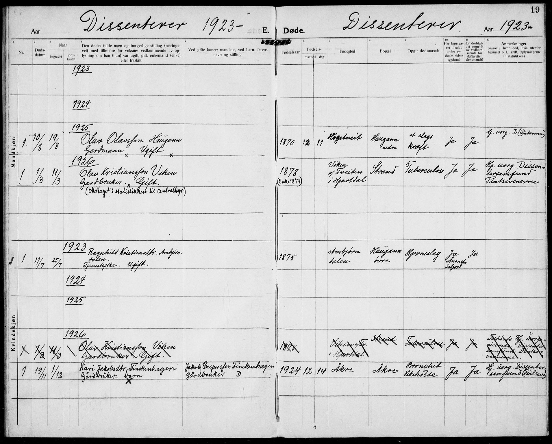 Hjartdal kirkebøker, SAKO/A-270/F/Fa/L0012: Parish register (official) no. I 12, 1923-1930, p. 19