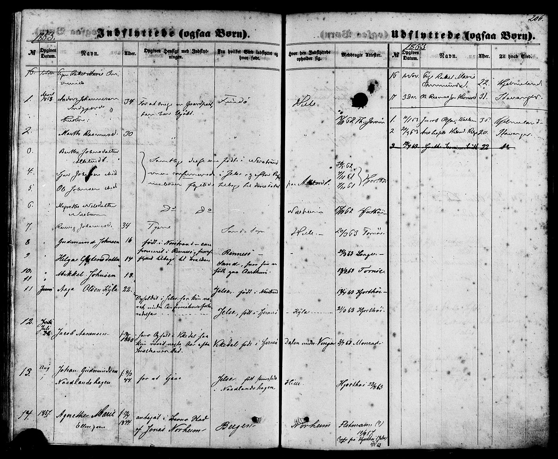 Nedstrand sokneprestkontor, SAST/A-101841/01/IV: Parish register (official) no. A 10, 1861-1887, p. 206