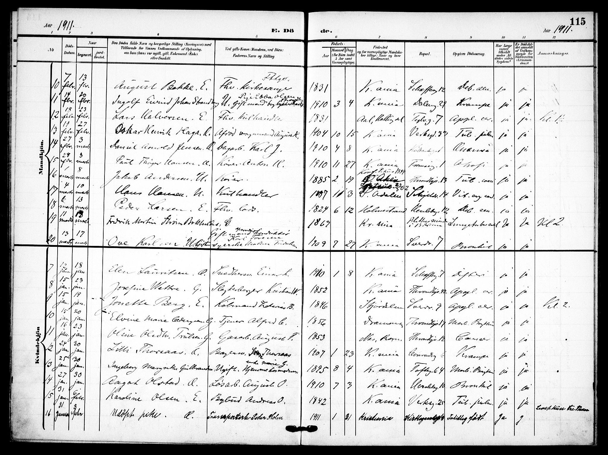 Petrus prestekontor Kirkebøker, SAO/A-10872/F/Fa/L0010: Parish register (official) no. 10, 1904-1916, p. 115