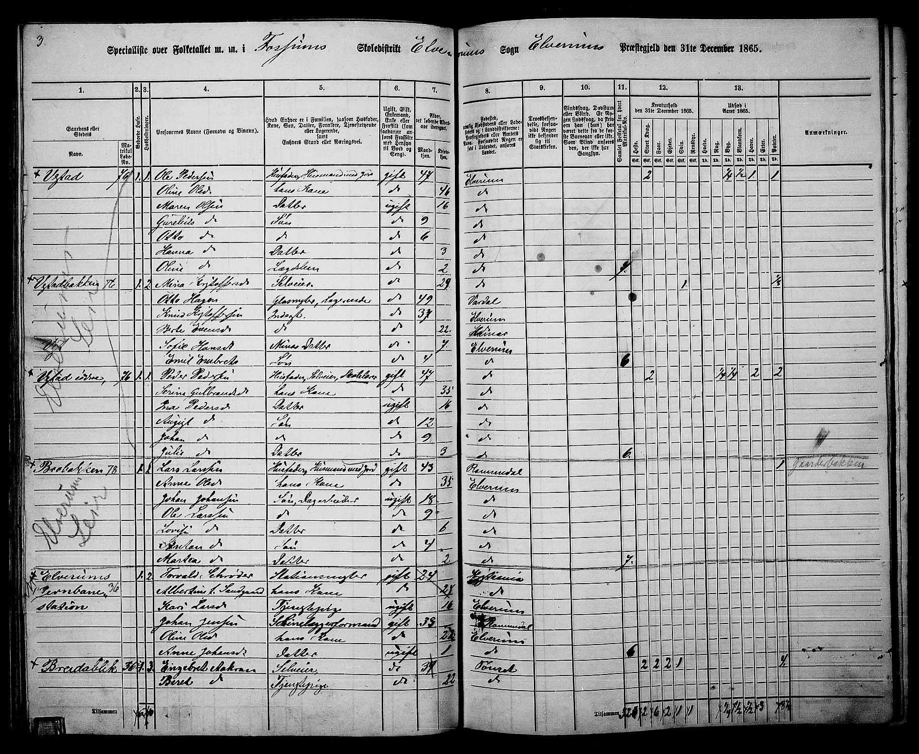 RA, 1865 census for Elverum, 1865, p. 115