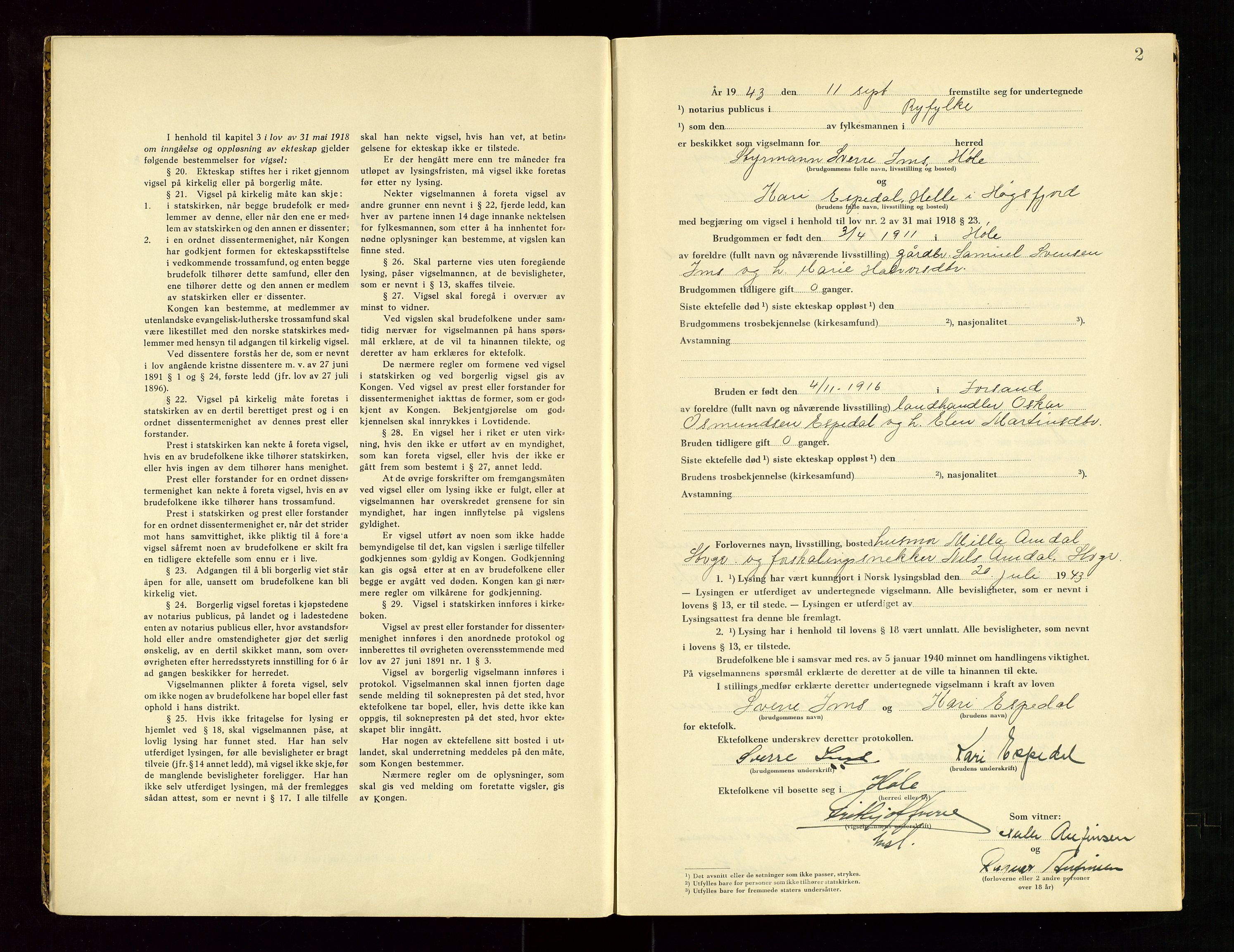 Ryfylke tingrett, AV/SAST-A-100055/001/III/IIIC/L0003: Vigselbok, 1943-1944, p. 2