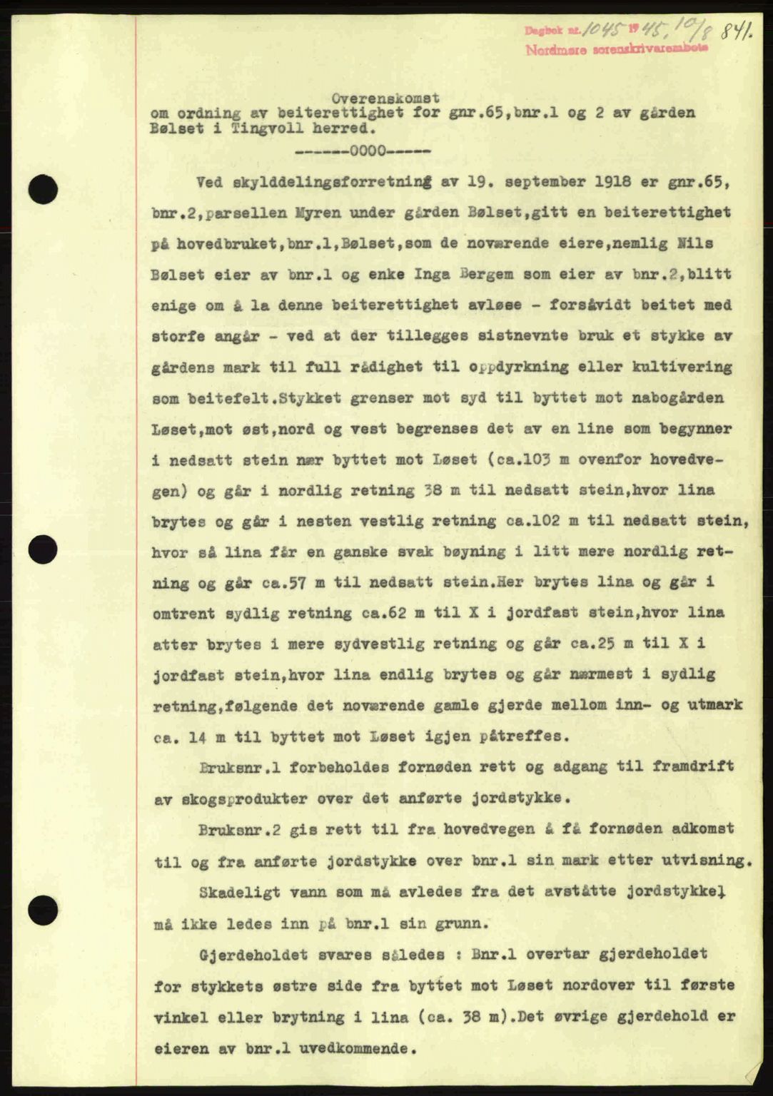 Nordmøre sorenskriveri, AV/SAT-A-4132/1/2/2Ca: Mortgage book no. B92, 1944-1945, Diary no: : 1045/1945