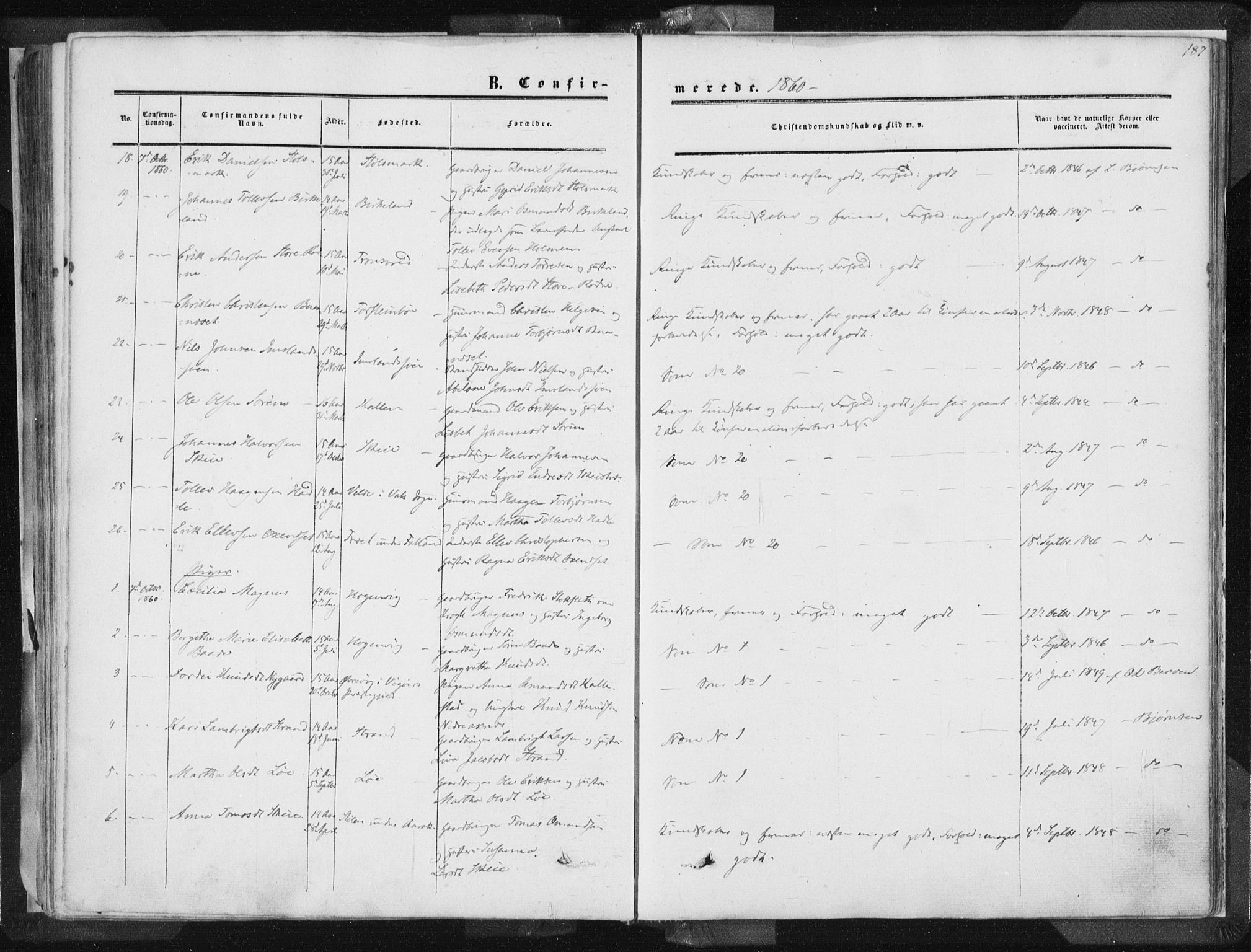 Vikedal sokneprestkontor, AV/SAST-A-101840/01/IV: Parish register (official) no. A 6.1, 1851-1867, p. 187