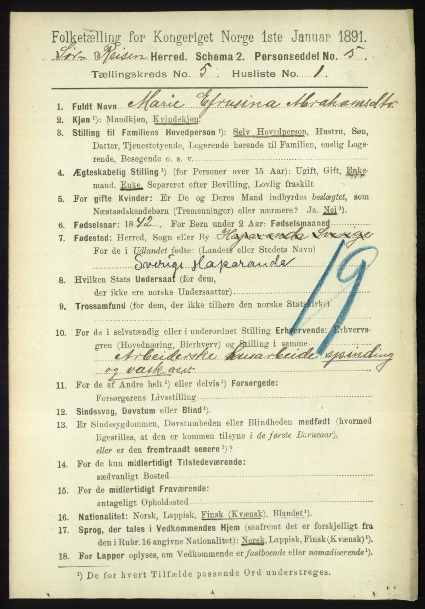 RA, 1891 census for 1925 Sørreisa, 1891, p. 1576