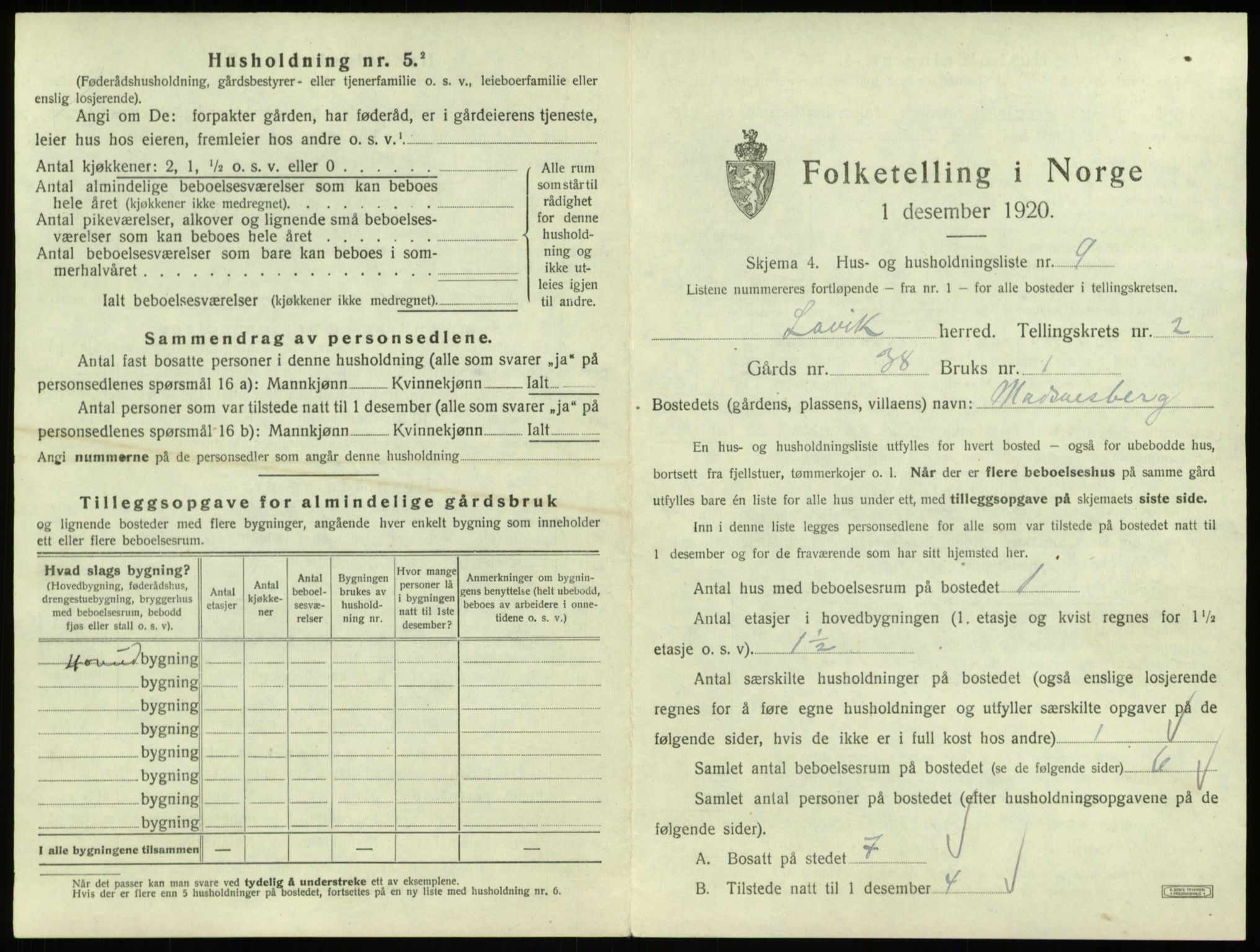 SAB, 1920 census for Lavik, 1920, p. 66