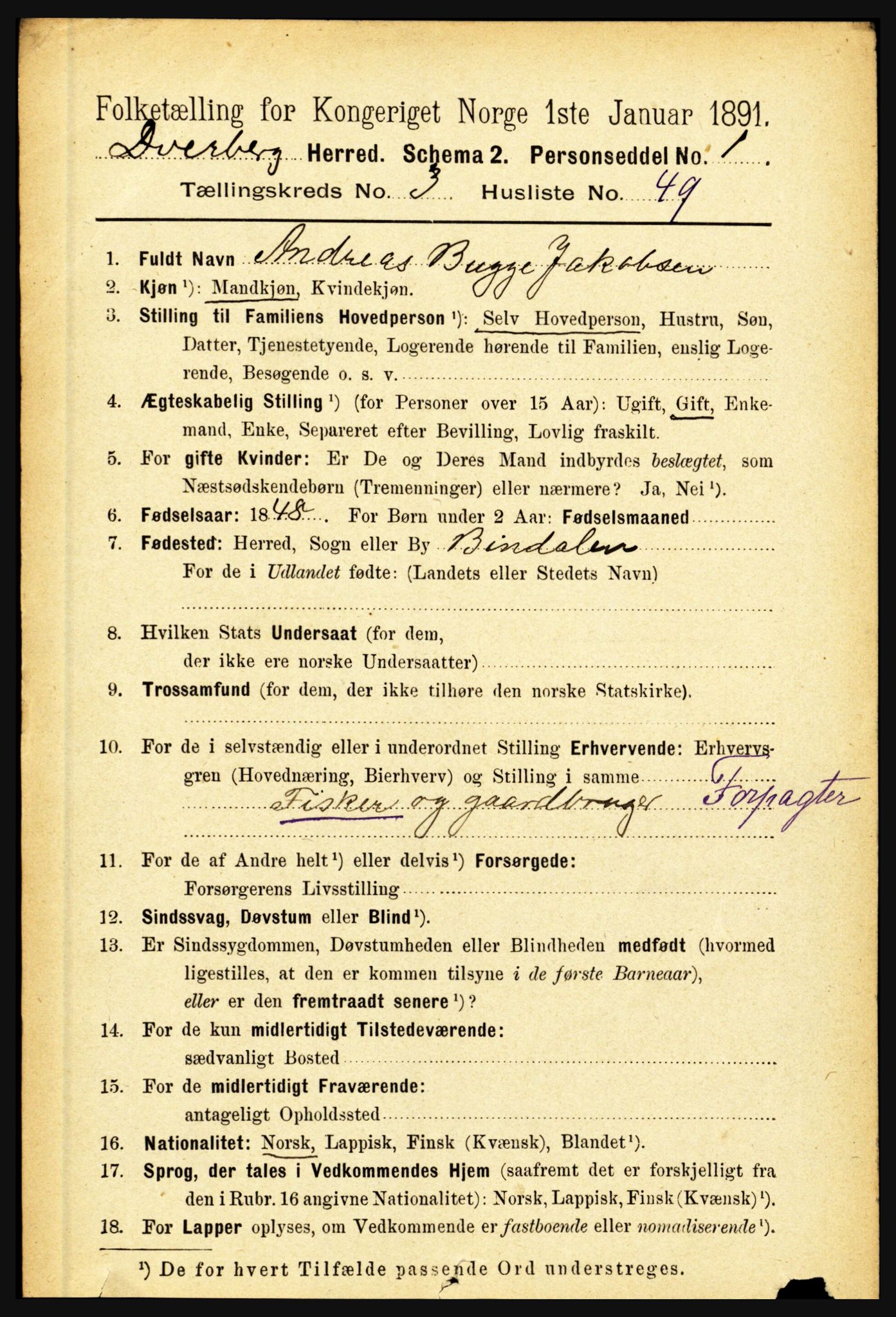 RA, 1891 census for 1872 Dverberg, 1891, p. 1233