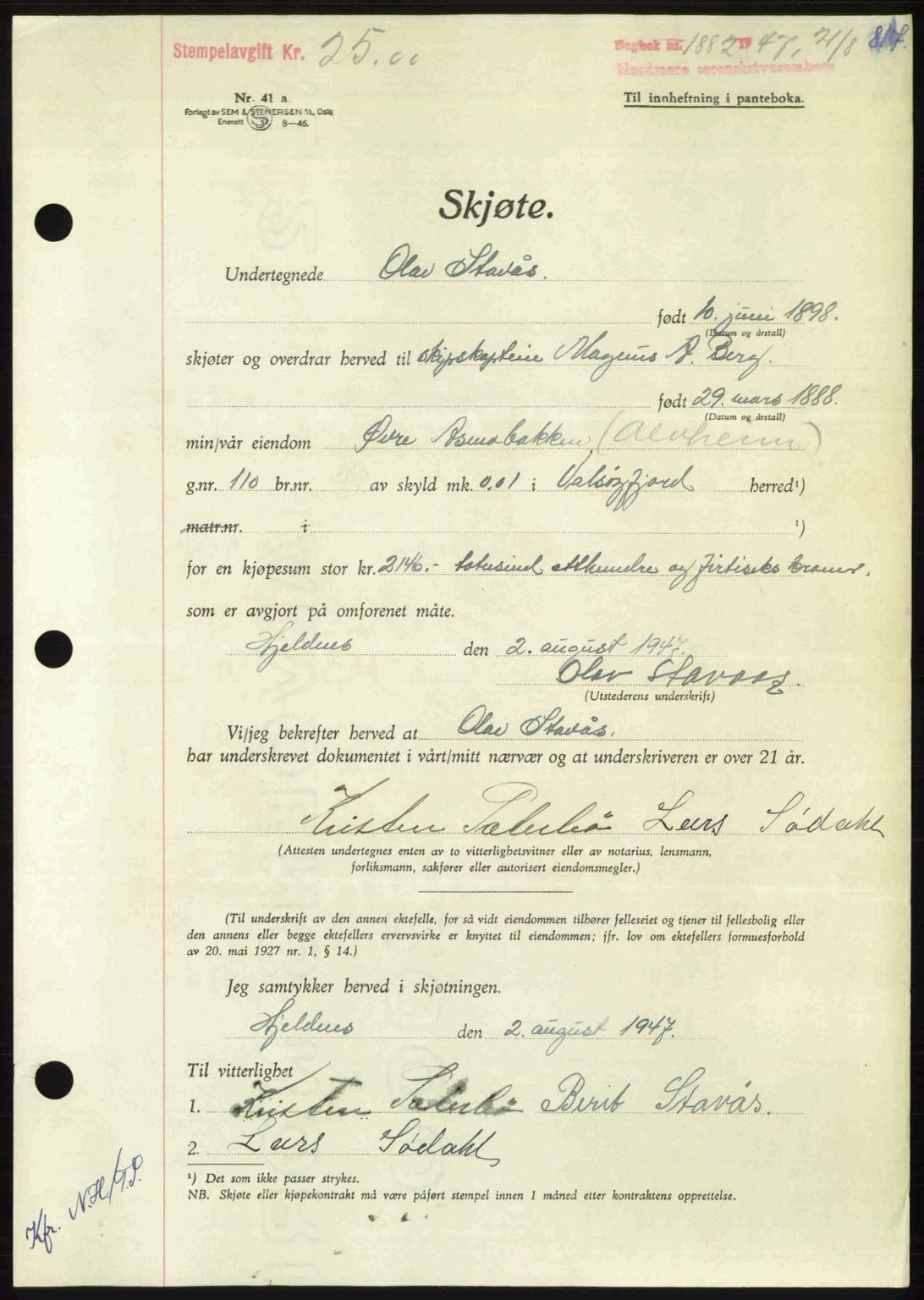 Nordmøre sorenskriveri, AV/SAT-A-4132/1/2/2Ca: Mortgage book no. A105, 1947-1947, Diary no: : 1882/1947