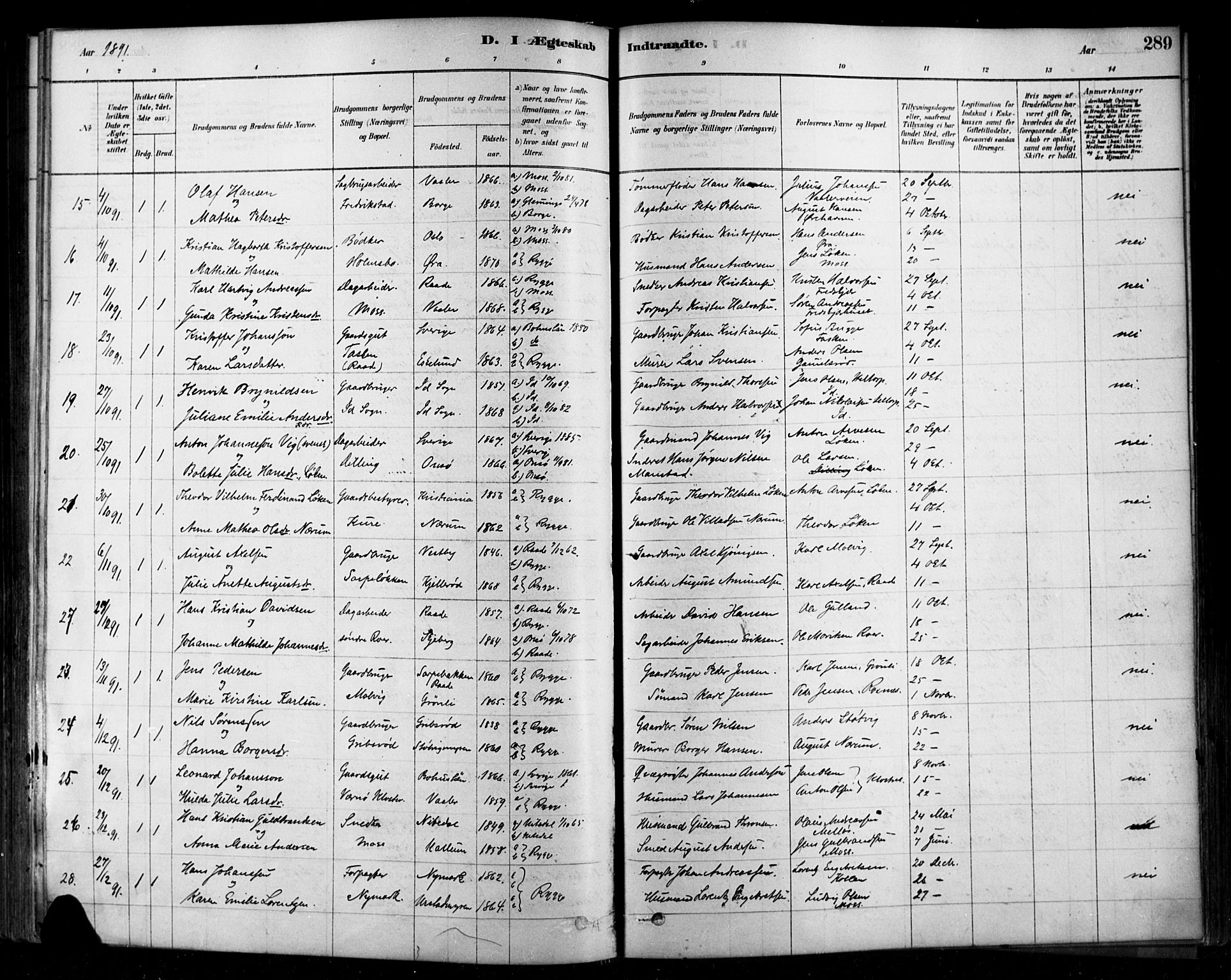 Rygge prestekontor Kirkebøker, AV/SAO-A-10084b/F/Fa/L0007: Parish register (official) no. 7, 1878-1904, p. 289