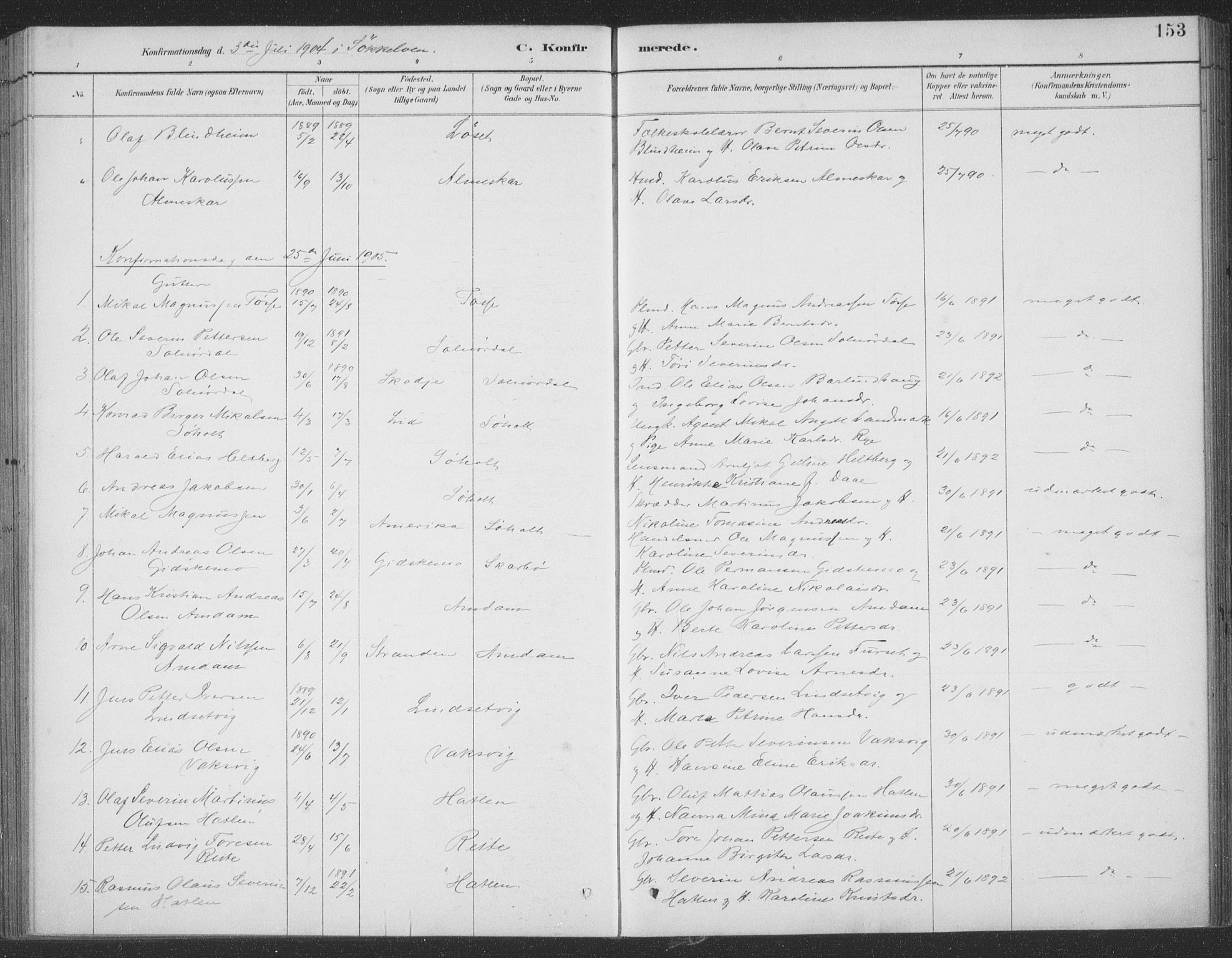 Ministerialprotokoller, klokkerbøker og fødselsregistre - Møre og Romsdal, SAT/A-1454/522/L0316: Parish register (official) no. 522A11, 1890-1911, p. 153